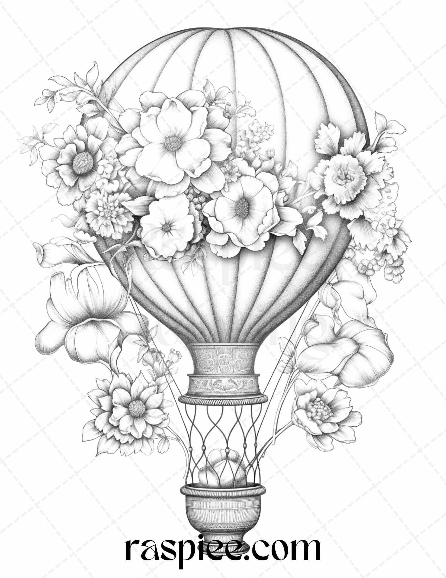 42 Flower Hot Air Balloons Grayscale Coloring Pages Printable for Adults, PDF File Instant Download