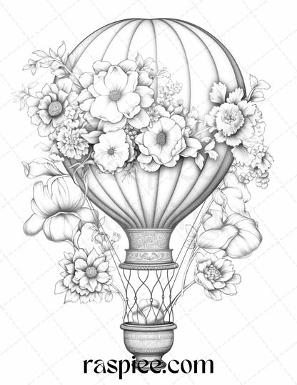 42 Flower Hot Air Balloons Grayscale Coloring Pages Printable for Adults, PDF File Instant Download