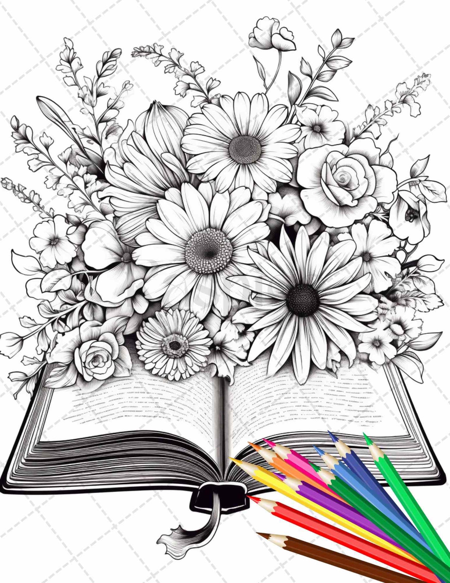 31 Book Flowers Coloring Pages Printable for Adults, Grayscale Coloring Page, PDF File Instant Download