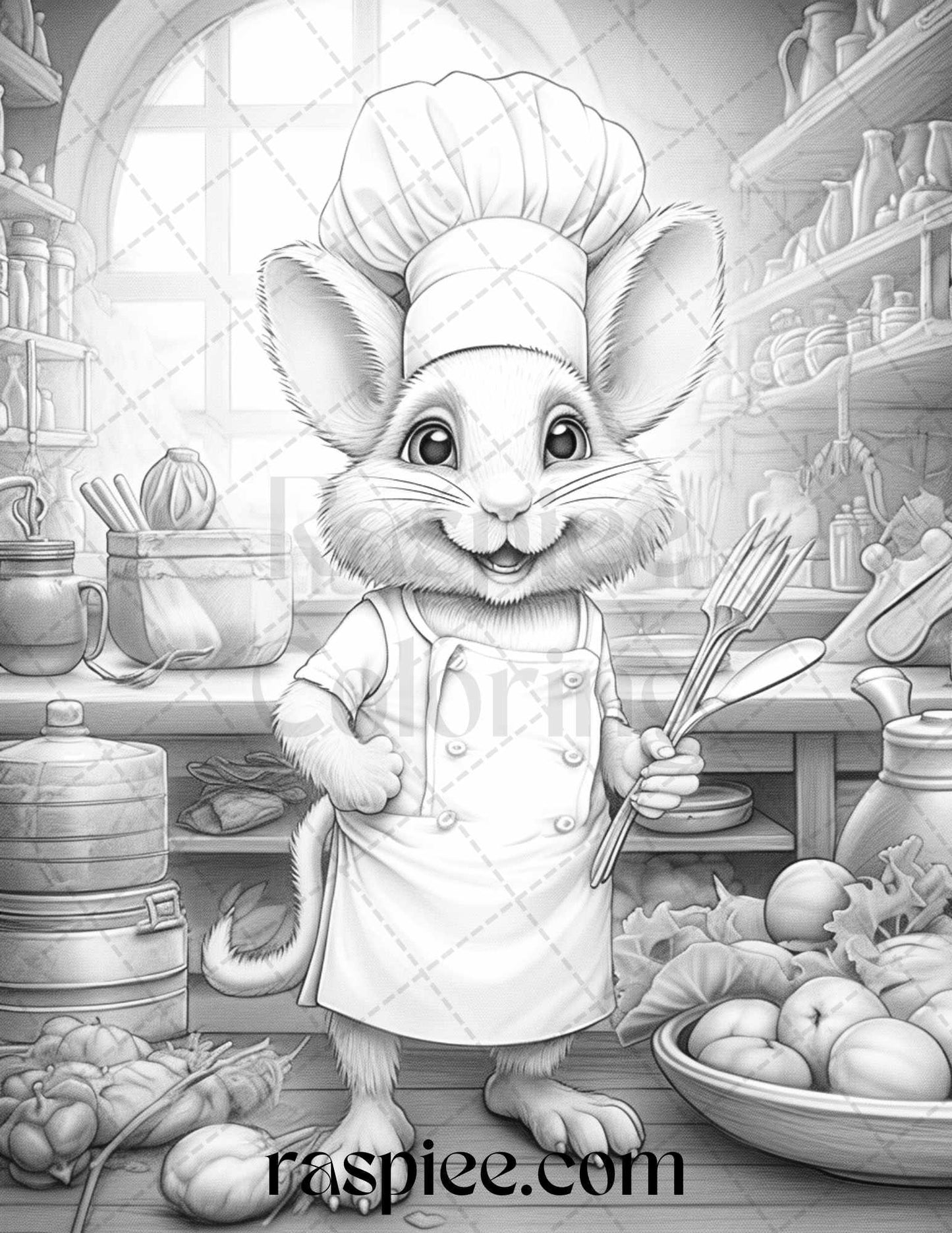 45 Mouse Chef Grayscale Coloring Pages Printable for Adults, PDF File Instant Download