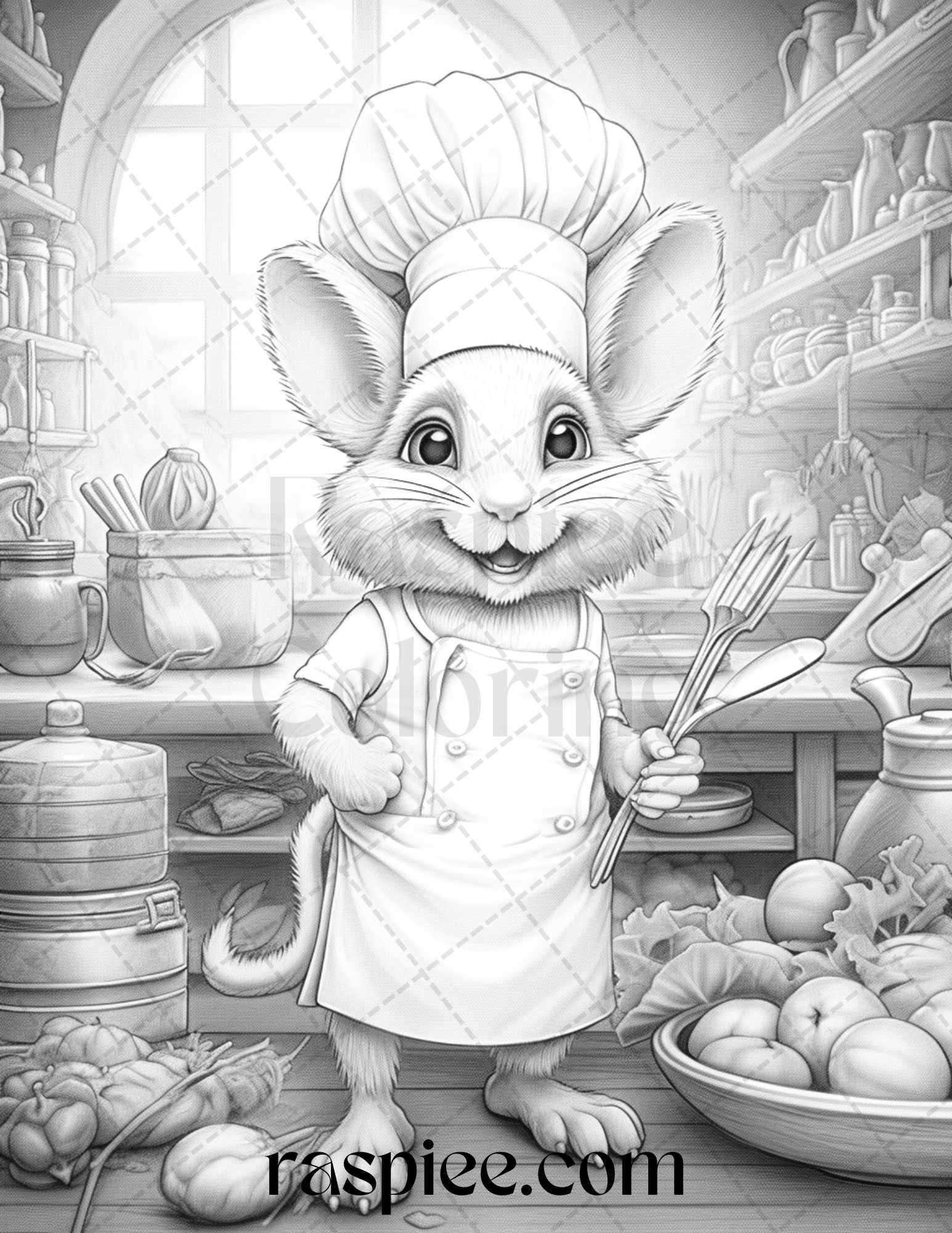 45 Mouse Chef Grayscale Coloring Pages Printable for Adults, PDF File Instant Download