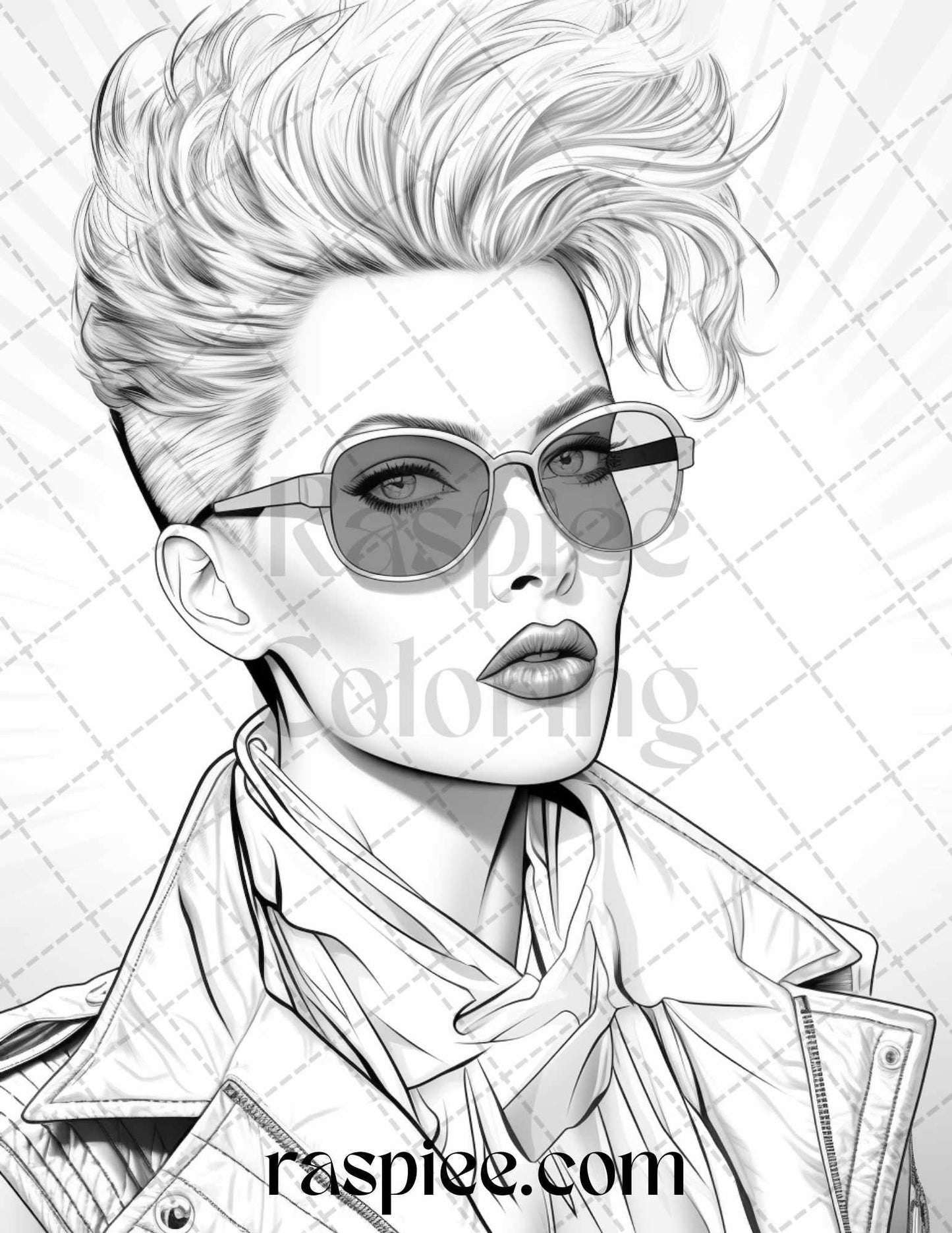 1980s New Wave Pop Star Grayscale Coloring Pages Printable for Adults, PDF File Instant Download