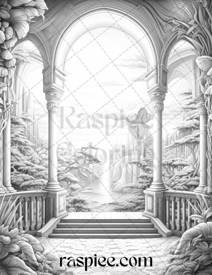 40 Window to Fantasy Worlds Grayscale Coloring Pages Printable for Adults, PDF File Instant Download