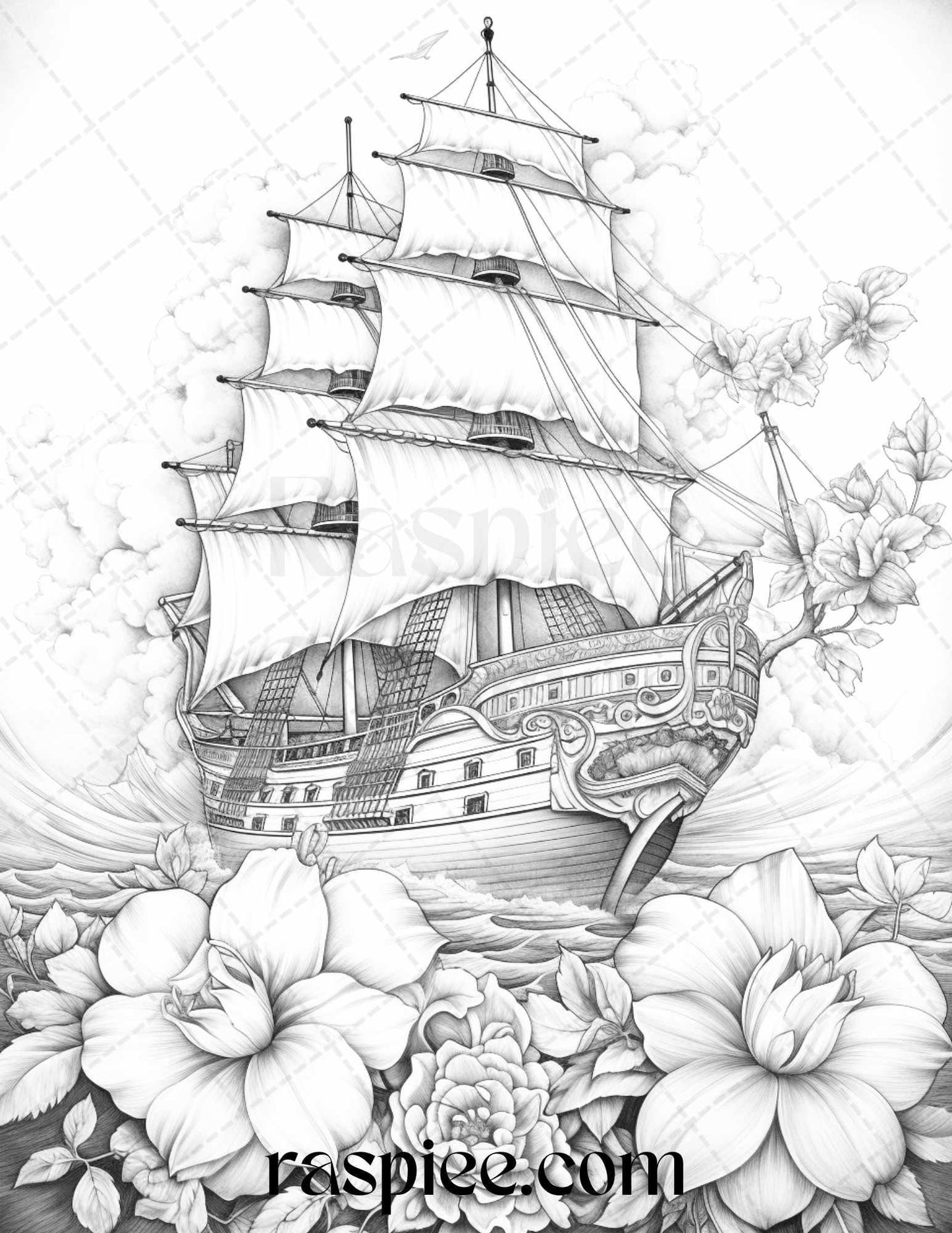 44 Flower Ships Graysale Coloring Pages Printable for Adults, PDF File Instant Download