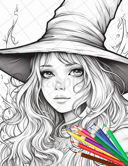 40 Cute Witches Coloring Pages Printable for Adults, Grayscale Coloring Page, PDF File Instant Download