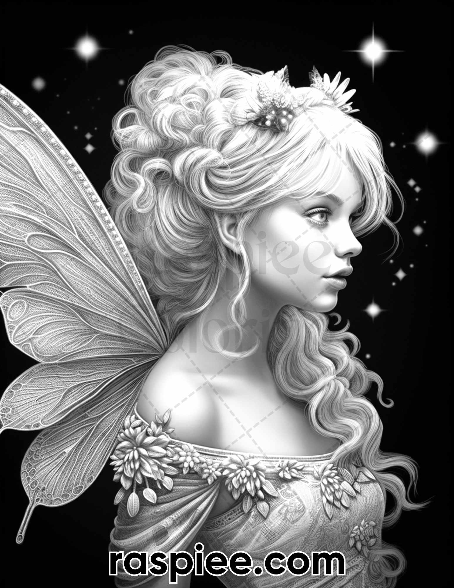 50 Starlight Fairy Grayscale Coloring Pages for Adults, Printable PDF File Instant Download