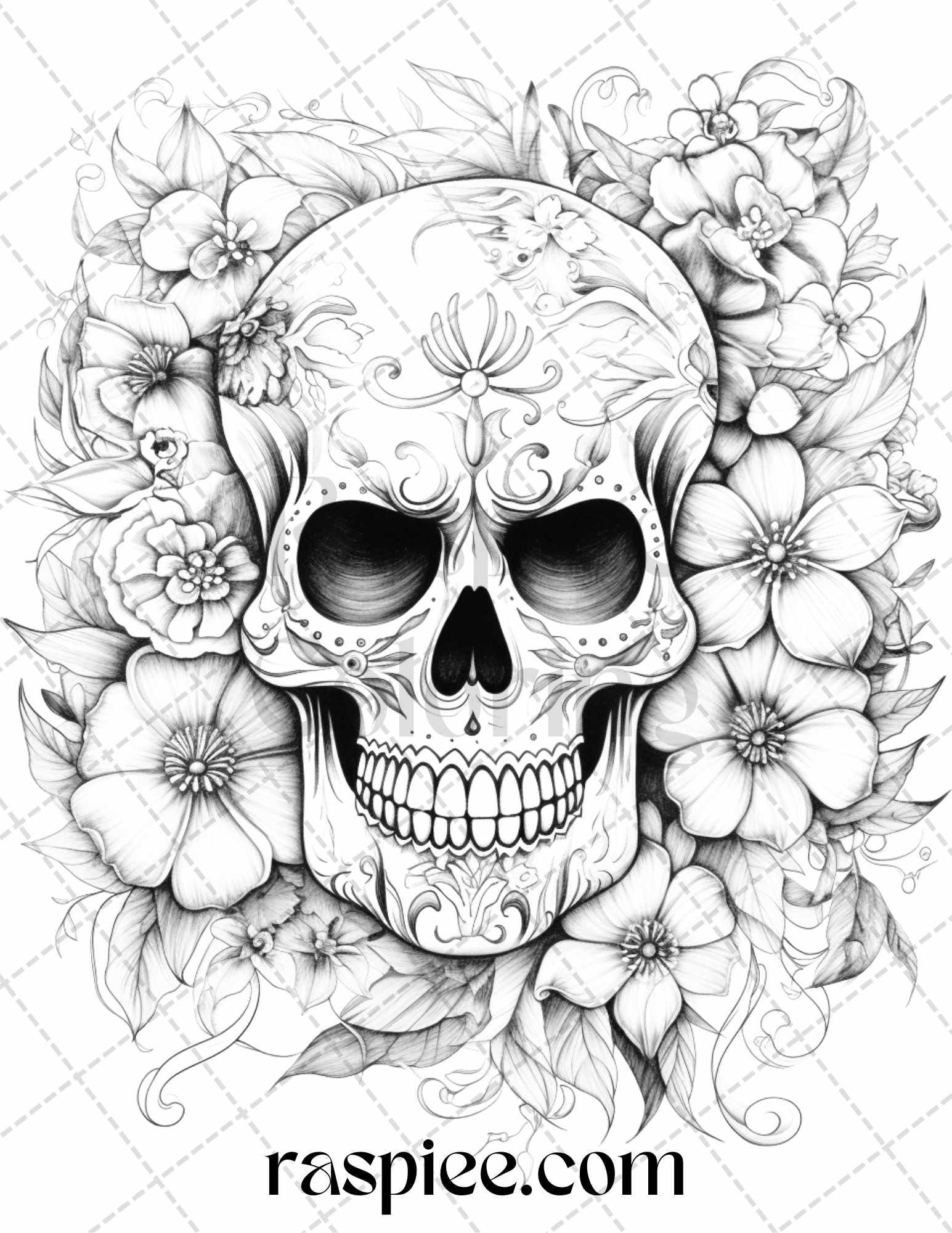 42 Floral Skull Grayscale Coloring Pages for Adults, Stress Relief Coloring Sheets, Printable PDF File Instant Download