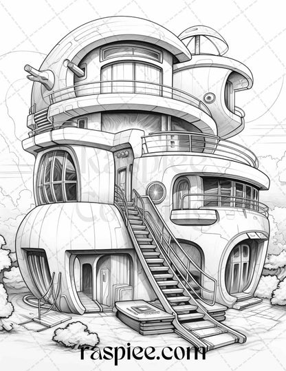 43 Futuristic Houses Grayscale Coloring Pages Printable for Adults, PDF File Instant Download