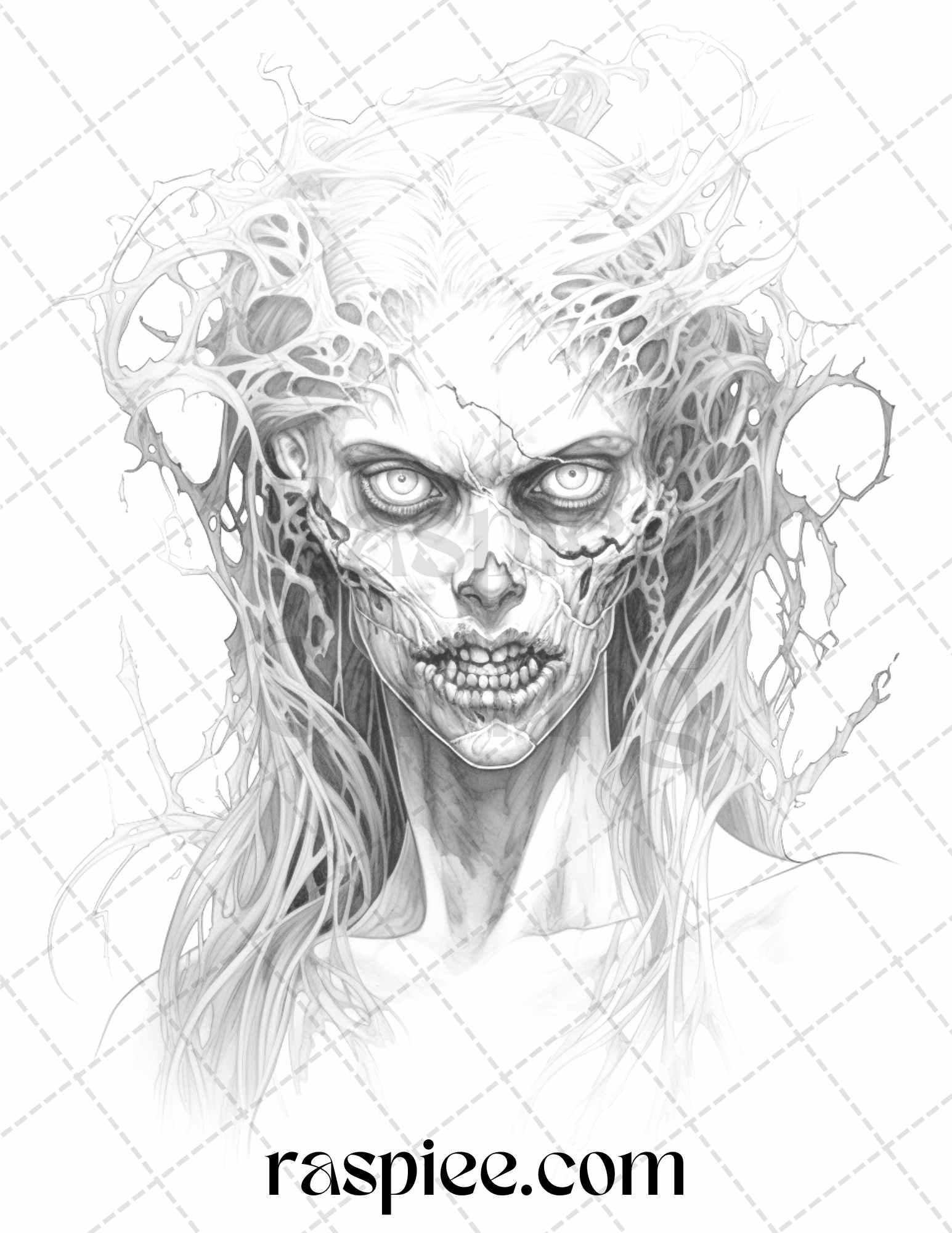 40 Scary Zombie Girls Grayscale Coloring Pages Printable for Adults, PDF File Instant Download