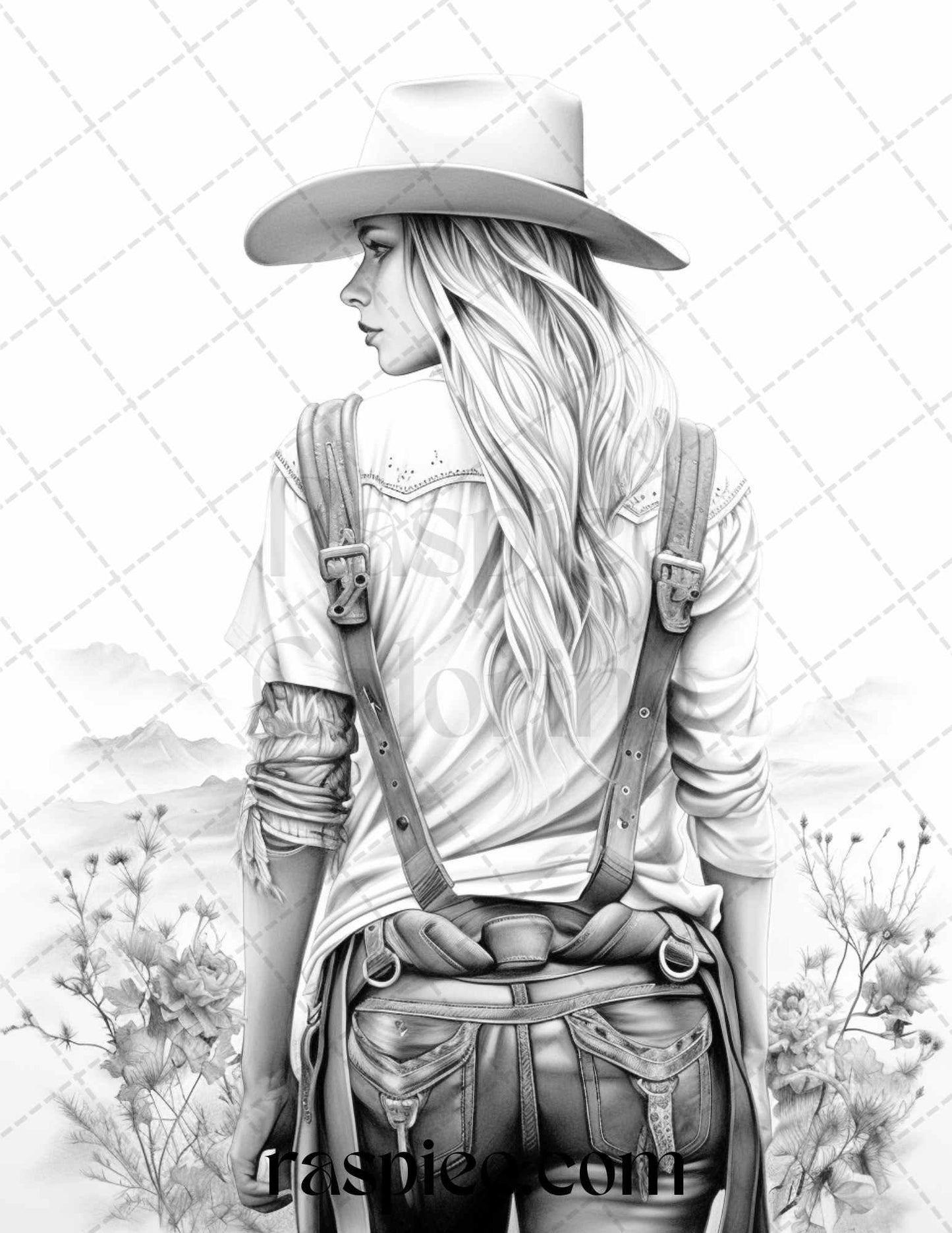 40 Beautiful Cowgirls Grayscale Coloring Pages Printable for Adults, PDF File Instant Download