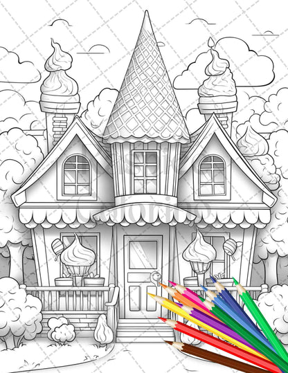 33 Ice Cream Houses Grayscale Coloring Pages Printable for Adults and Kids, PDF File Instant Download