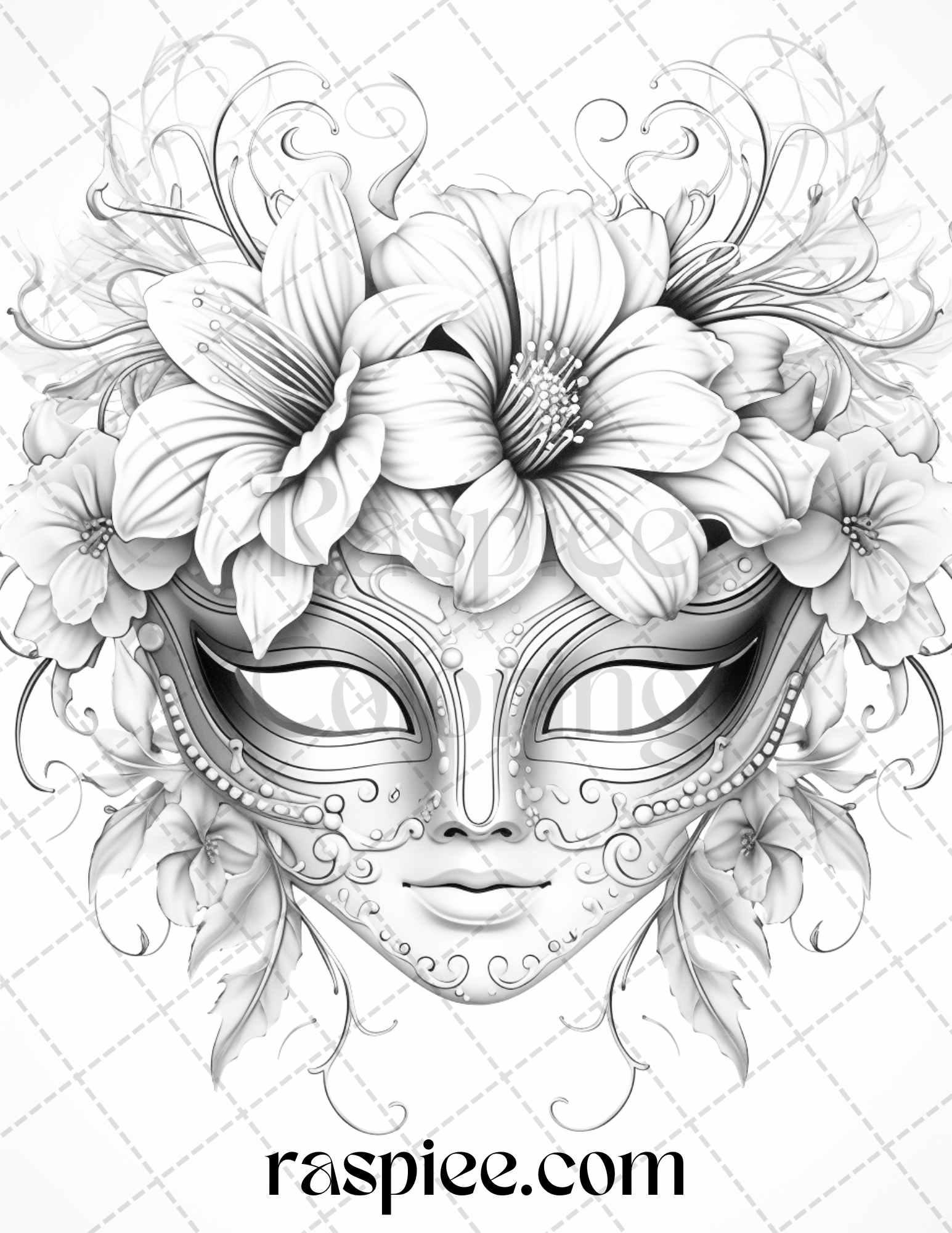 40 Masquerade Masks Grayscale Coloring Pages Printable for Adults, PDF File Instant Download