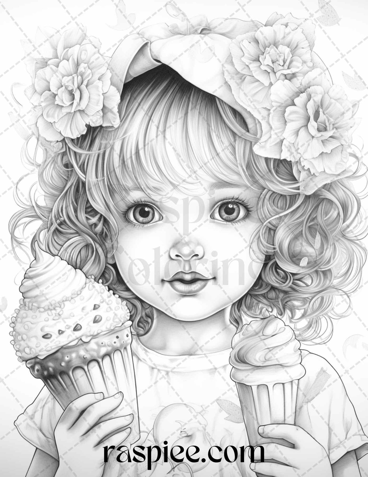 42 Adorable Girls with Ice Cream Grayscale Coloring Pages Printable for Adults Kids, PDF File Instant Download