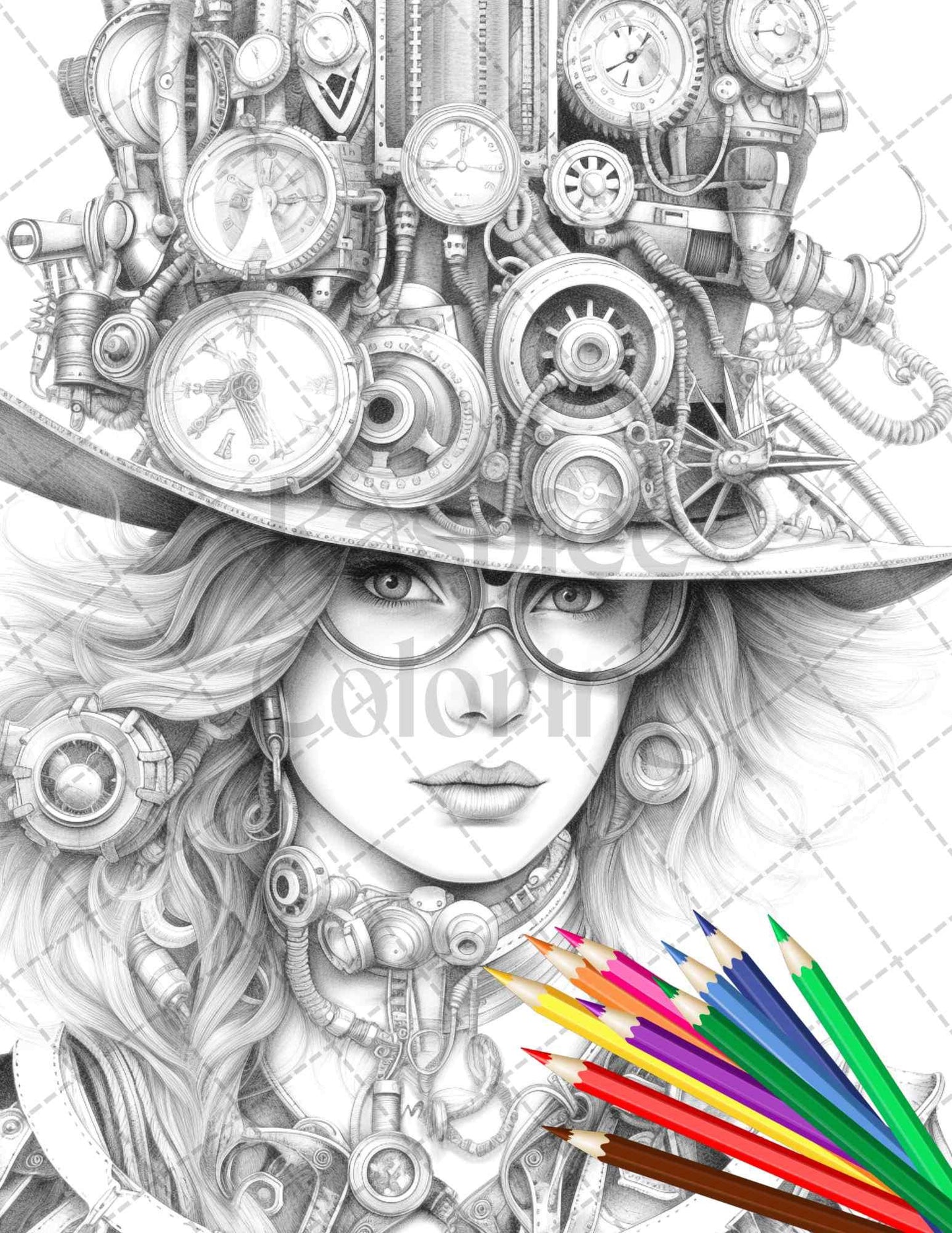 40 Steampunk Ladies Grayscale Coloring Pages Printable for Adults, PDF File Instant Download