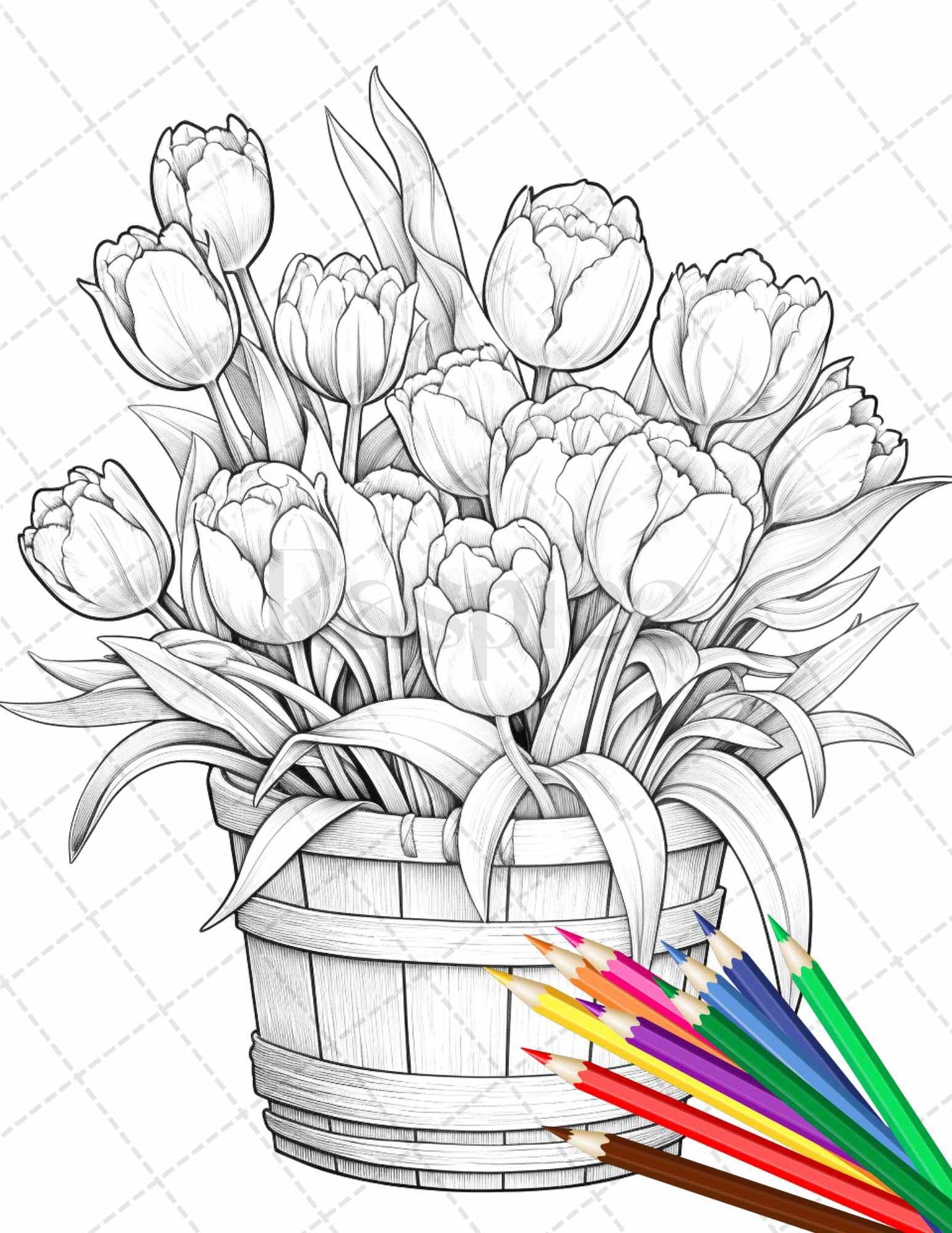 30 Flower Baskets Grayscale Coloring Pages for Adults, PDF File Instant Download