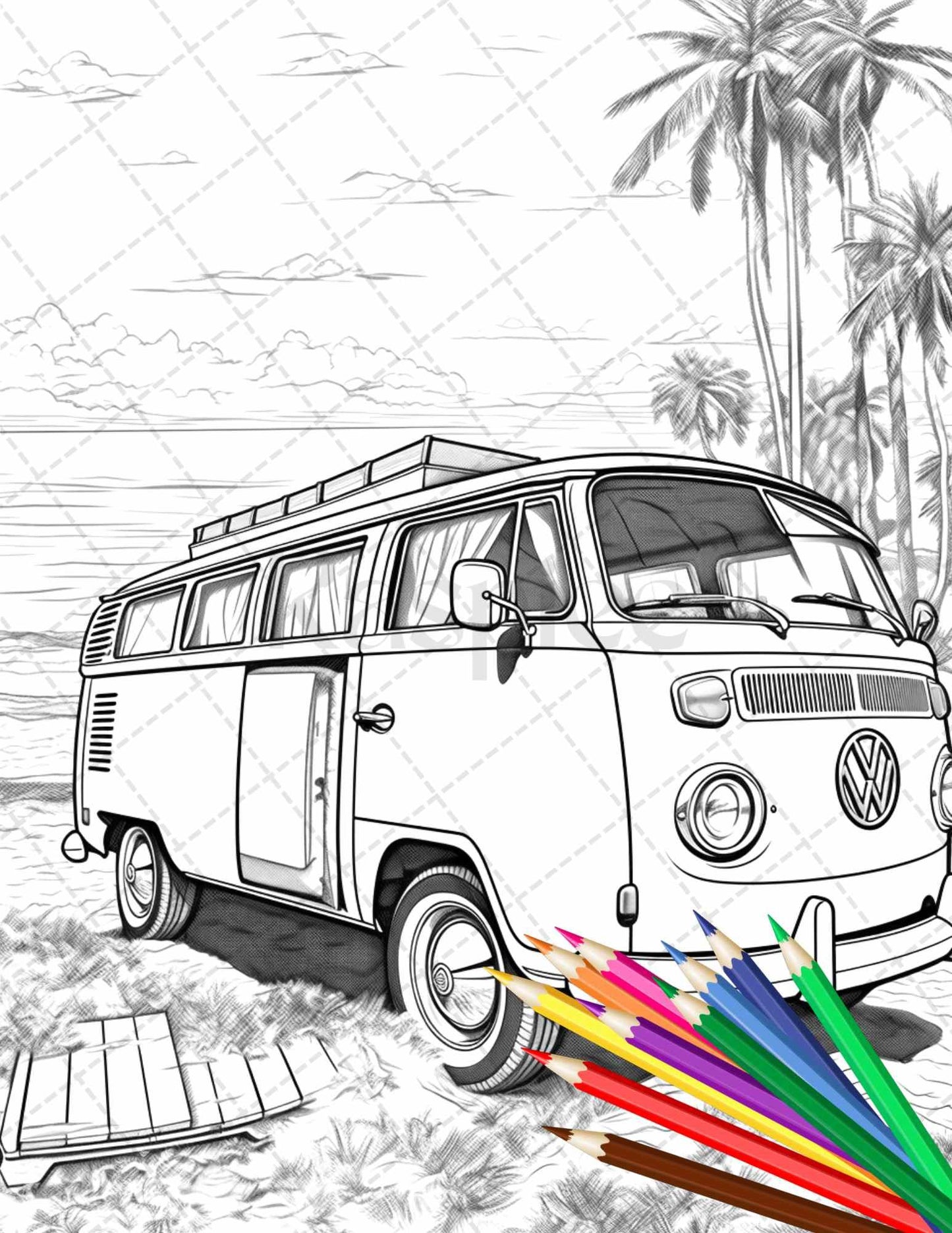 30 Campervan Adventure Grayscale Coloring Pages Printable for Adults, PDF File Instant Download