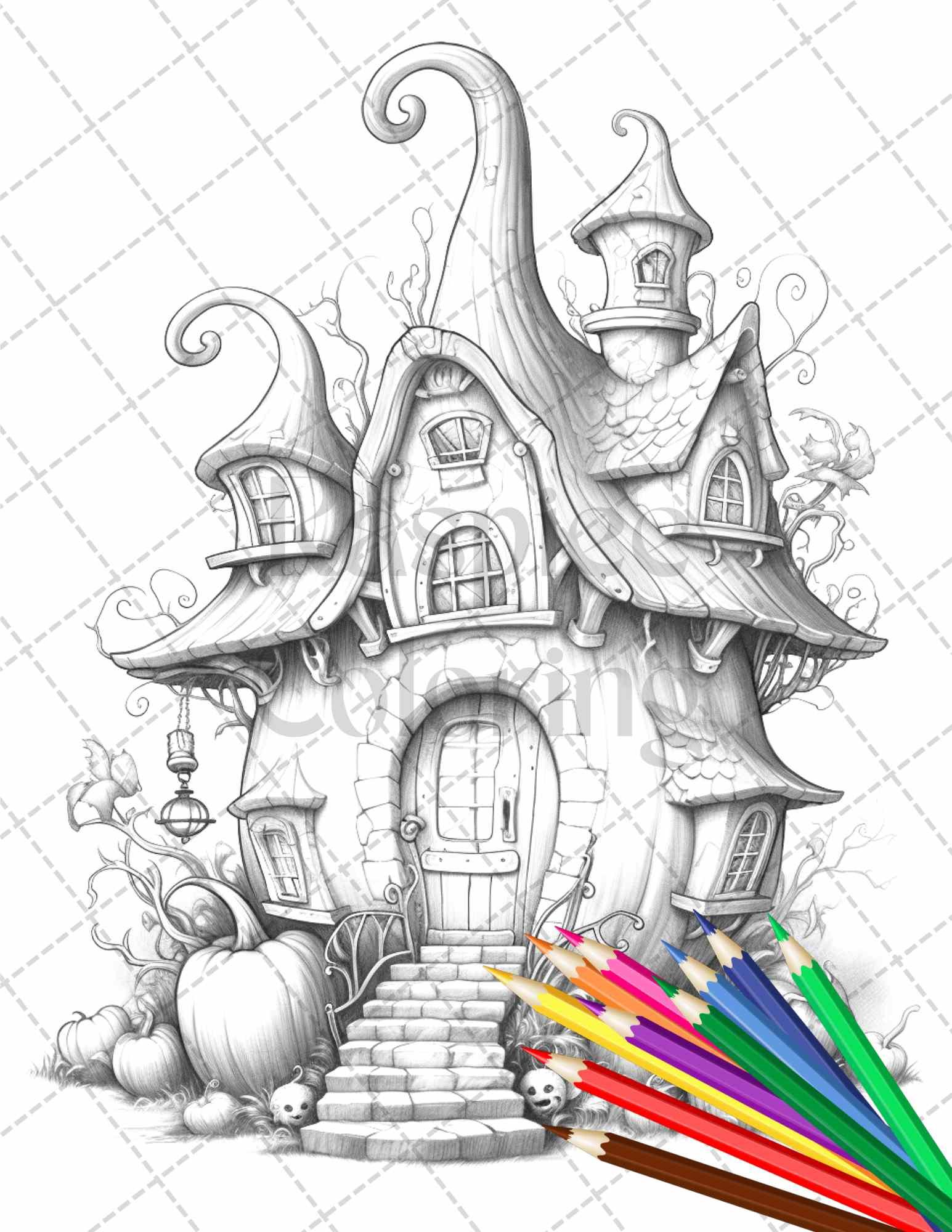 40 Pumpkin Fairy Houses Grayscale Coloring Pages Printable for Adults, PDF File Instant Download