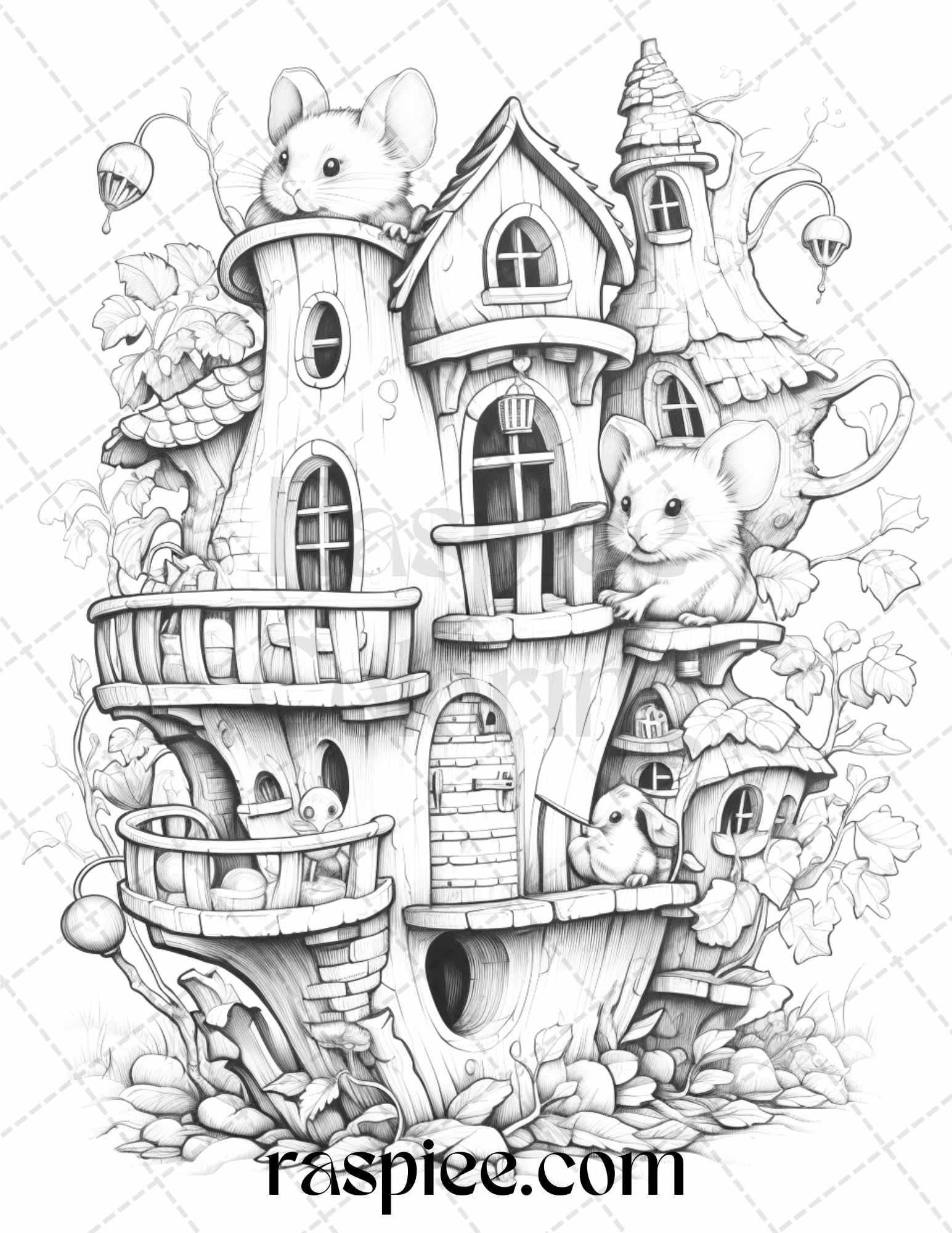 40 Magical Mouse Houses Grayscale Coloring Pages Printable for Adults, PDF File Instant Download