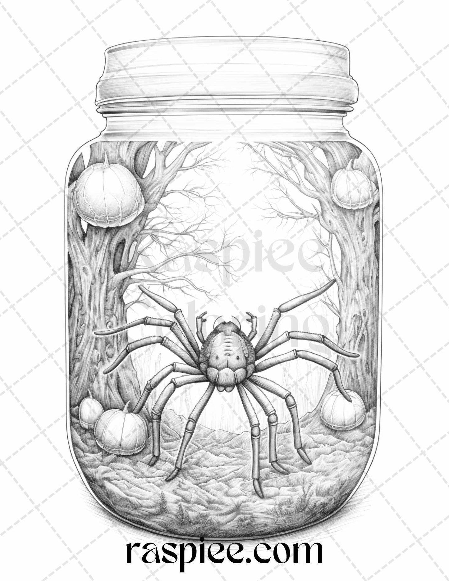 40 Halloween in Jar Grayscale Coloring Pages for Adults, Printable PDF File Instant Download