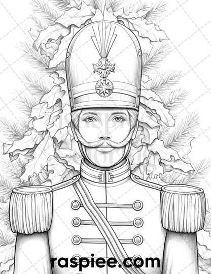 40 Christmas Nutcrackers Grayscale Coloring Pages for Adults, Printable PDF File Instant Download