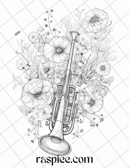 30 Musical Instrument Flower Grayscale Coloring Pages Printable for Adults, PDF File Instant Download