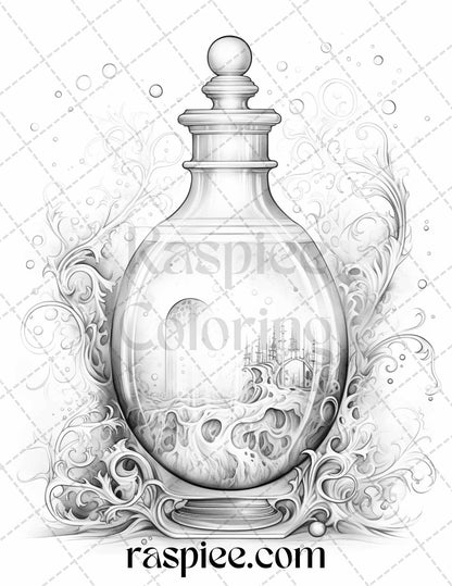 40 Mystical Magic Potions Grayscale Coloring Pages Printable for Adults, PDF File Instant Download