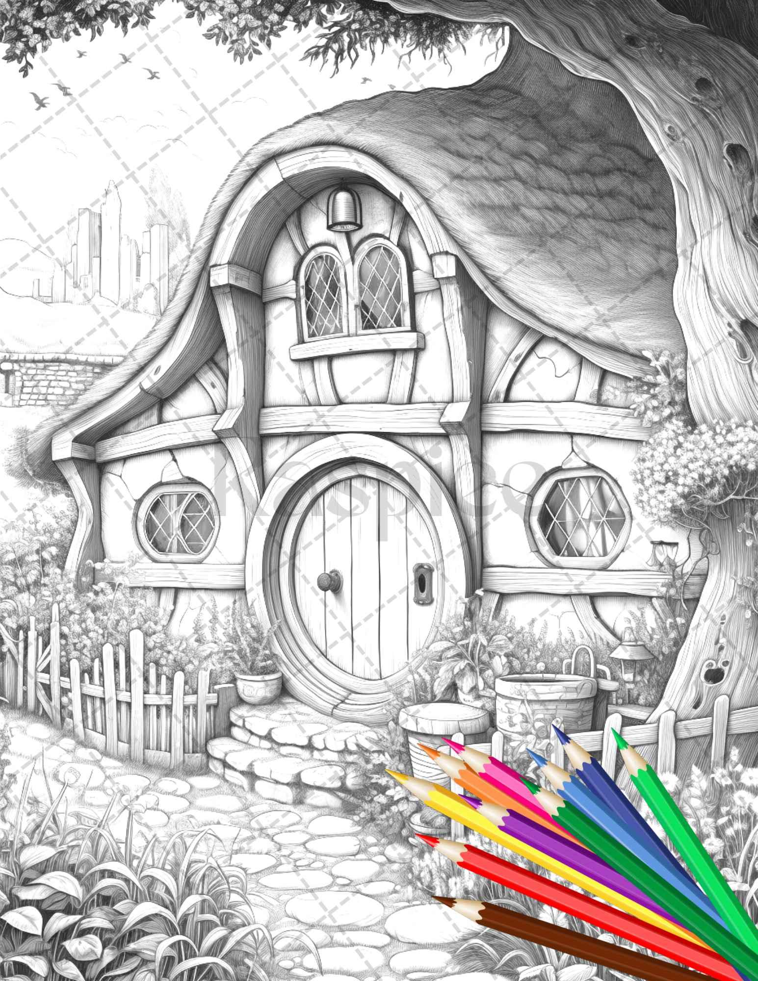 43 Enchanted Hobbiton Houses Grayscale Coloring Pages Printable for Adults, PDF File Instant Download