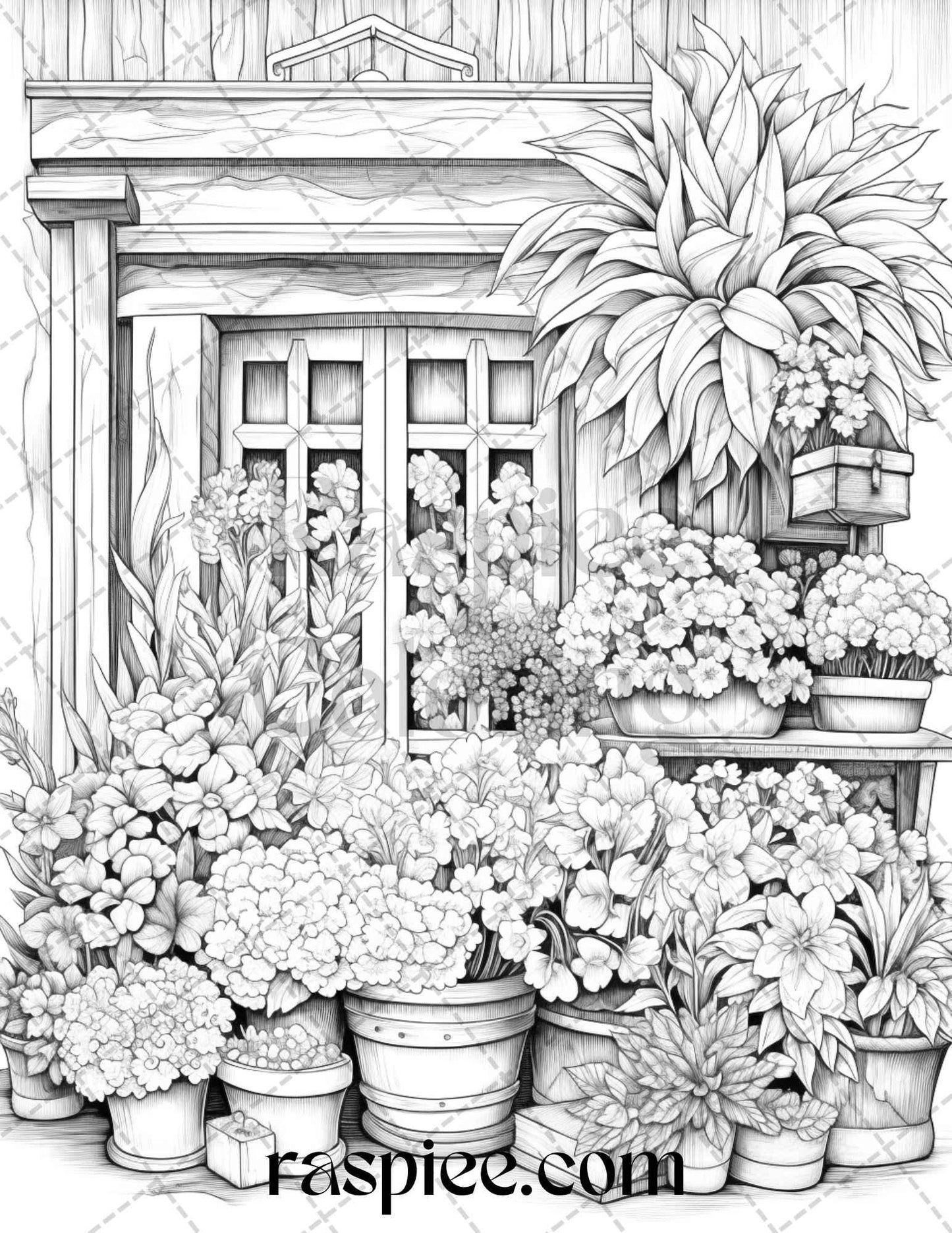 45 Flower Store Front Grayscale Coloring Pages Printable for Adults, PDF File Instant Download