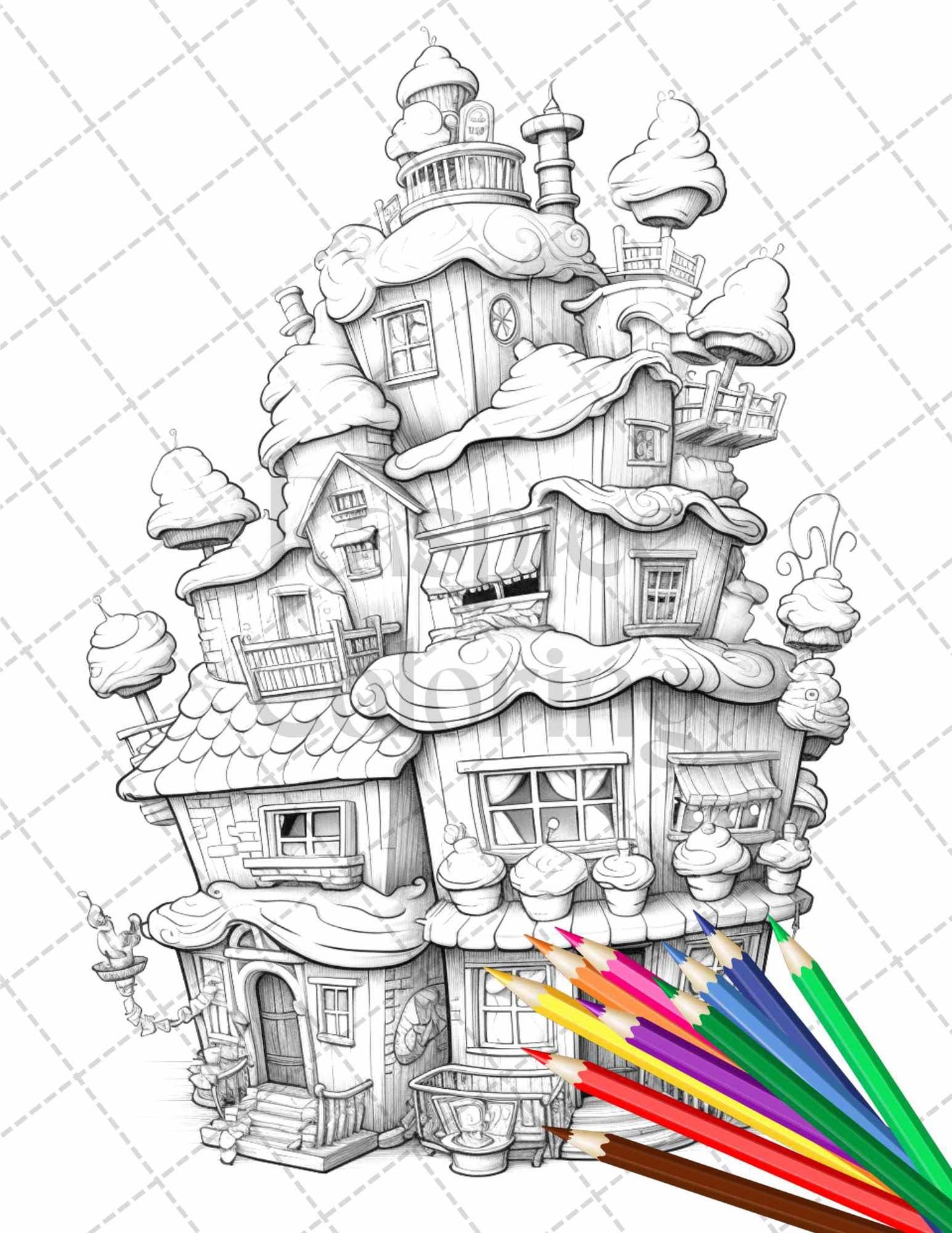 50 Adorable Cake Houses Grayscale Coloring Pages Printable for Adults and Kids, PDF File Instant Download