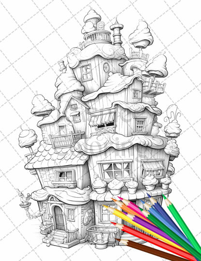 50 Adorable Cake Houses Grayscale Coloring Pages Printable for Adults and Kids, PDF File Instant Download