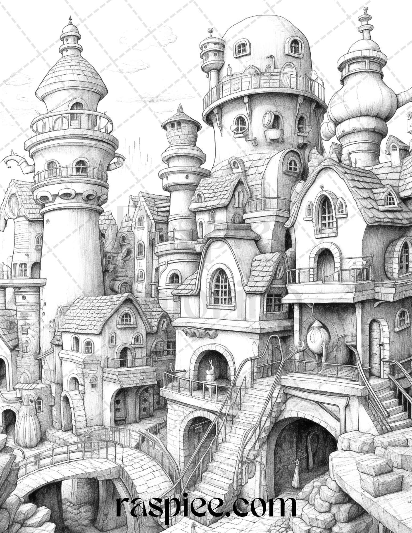 40 Fantasy Village Grayscale Coloring Pages Printable for Adults, PDF File Instant Download