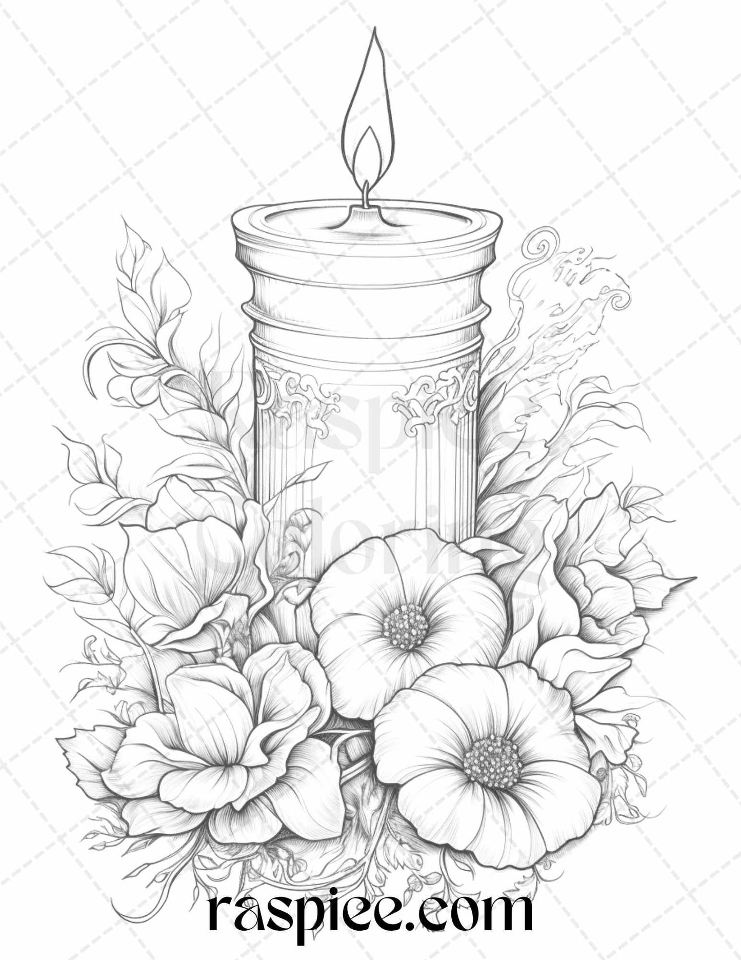 40 Flower Candles Grayscale Coloring Pages Printable for Adults, PDF File Instant Download