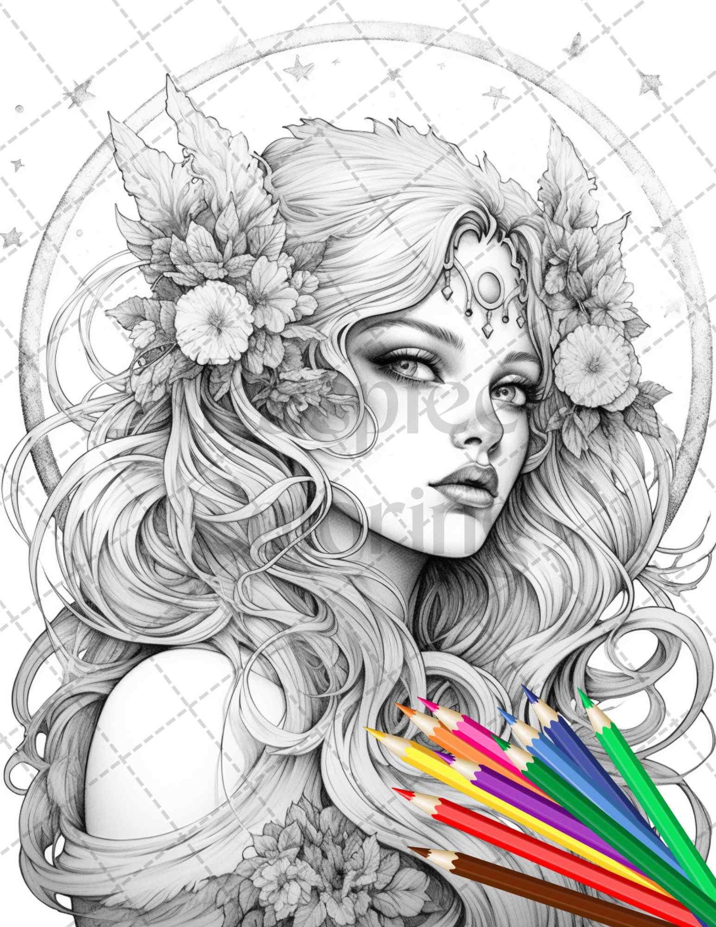 34 Beautiful Moon Fairies Grayscale Coloring Pages Printable for Adults, PDF File Instant Download