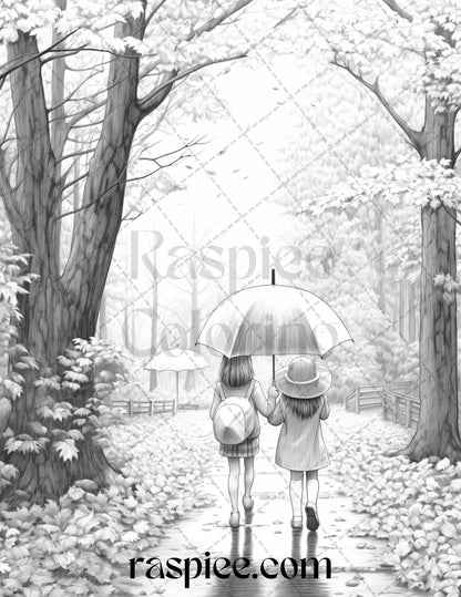 40 Rainy Autumn Day Grayscale Coloring Pages Printable for Adults and Kids, PDF File Instant Download