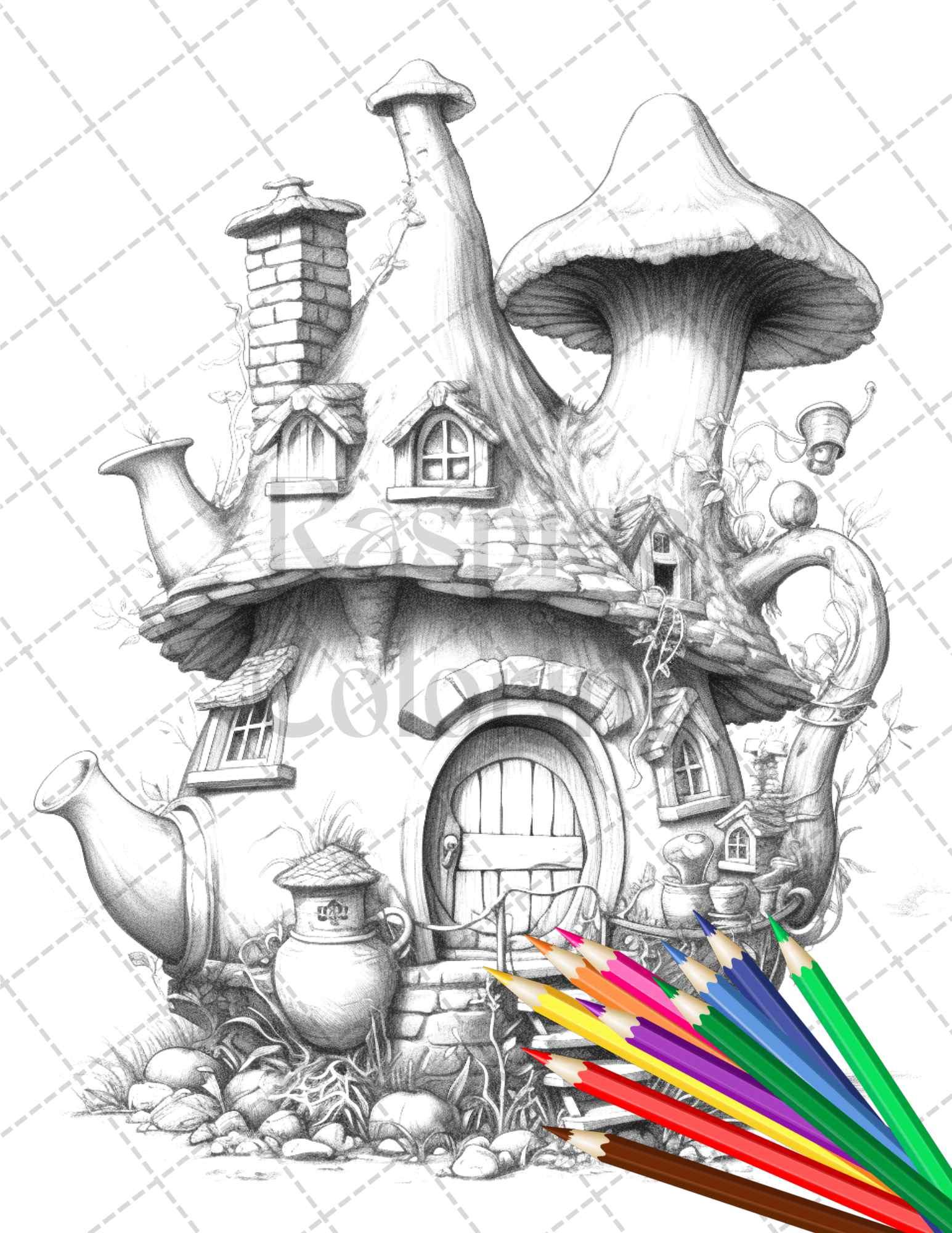 40 Teapot Fairy Houses Grayscale Coloring Pages Printable for Adults, PDF File Instant Download