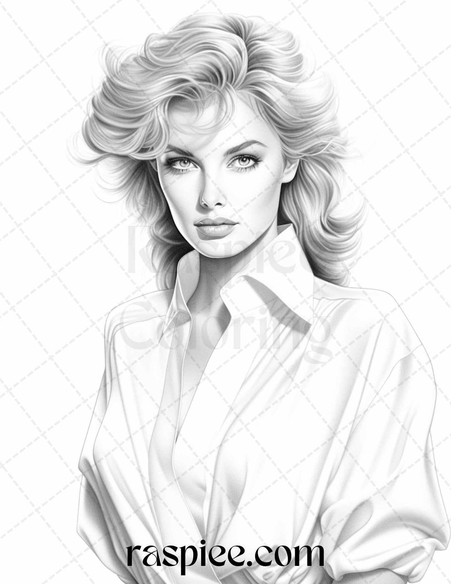 1980s Retro Beautiful Women Grayscale Coloring Pages for Adults, PDF File Instant Download