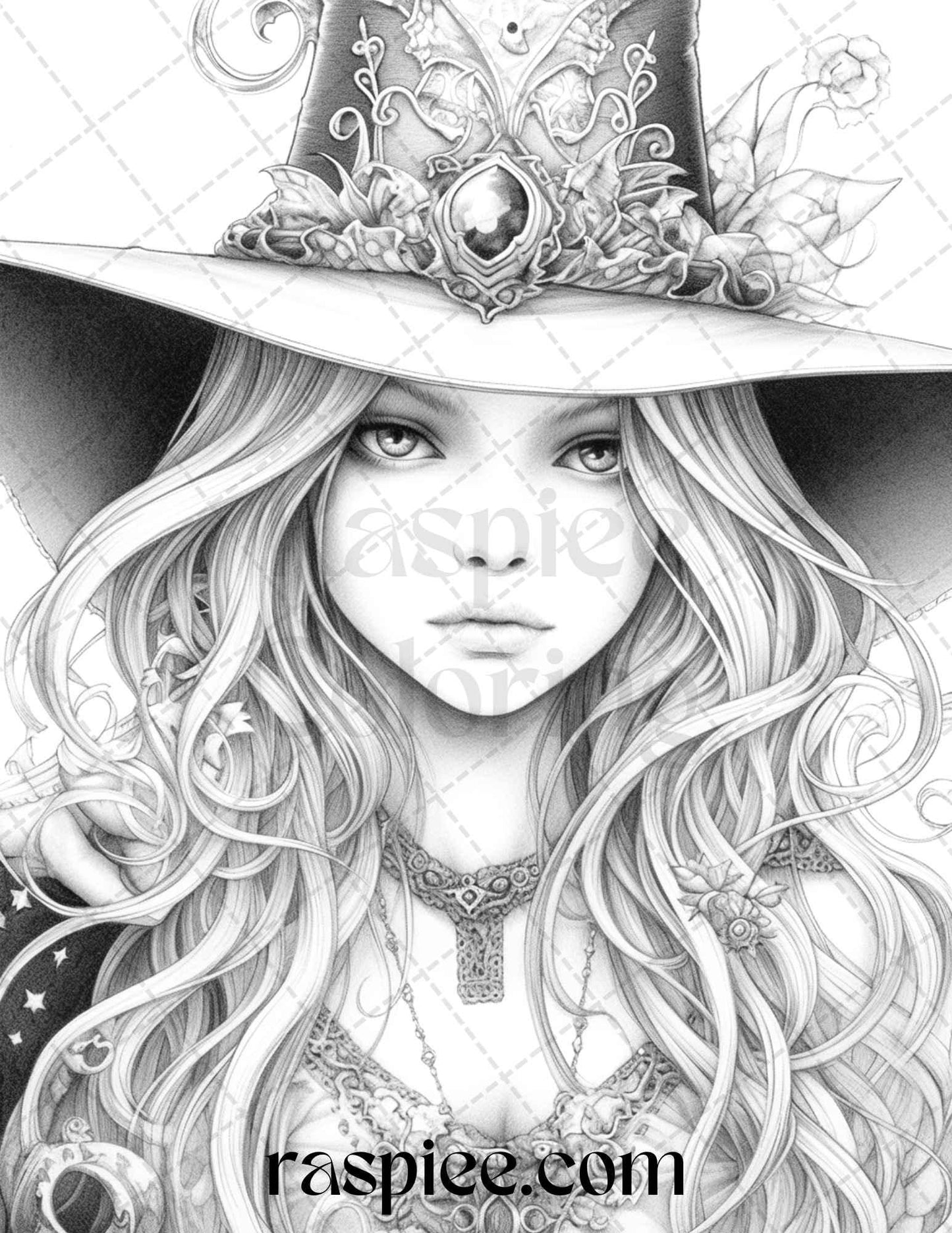 40 Beautiful Witches Grayscale Coloring Pages Printable for Adults, PDF File Instant Download