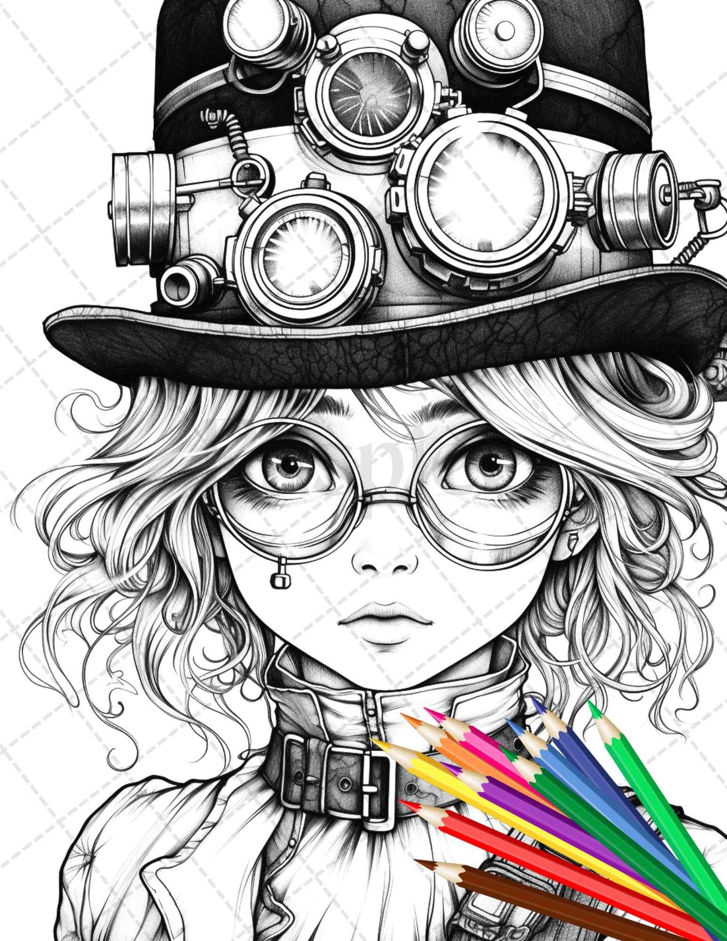 31 Adorable Steampunk Girls Coloring Pages Printable for Adults, Grayscale Coloring Page, PDF File Instant Download