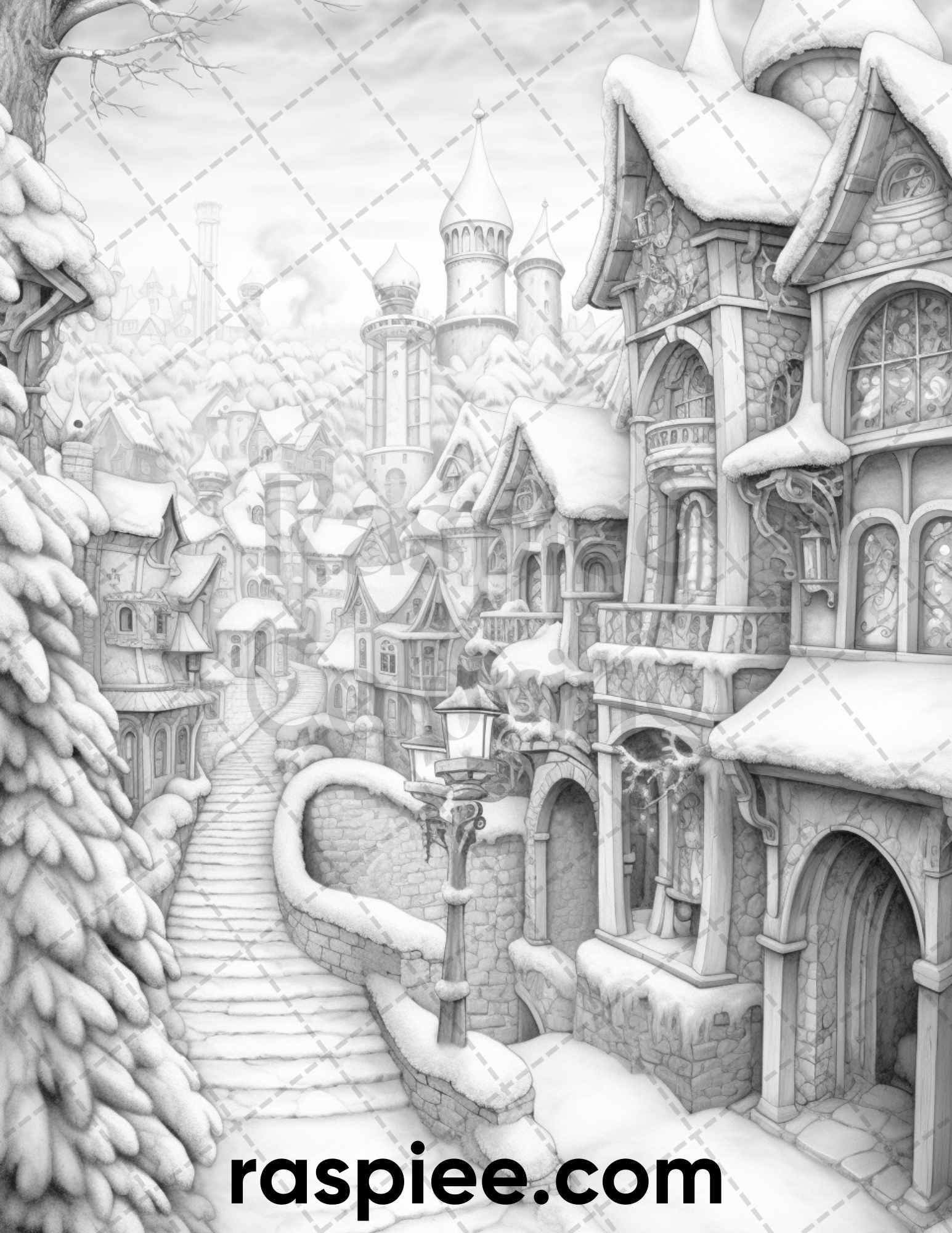 40 Fantasy Winter Village Grayscale Coloring Pages for Adults, PDF File Instant Download