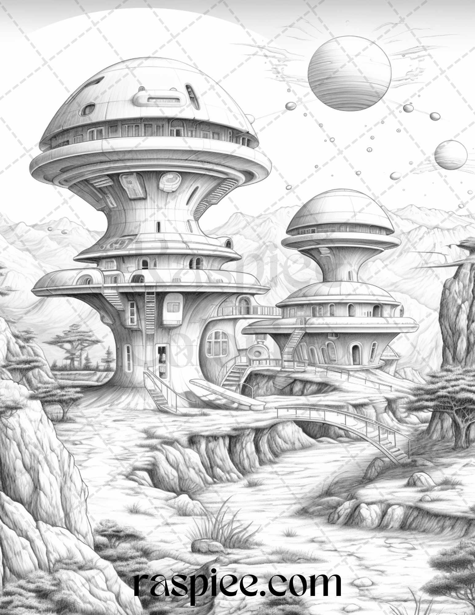 40 Alien Houses Grayscale Coloring Pages for Adults, Printable PDF File Instant Download