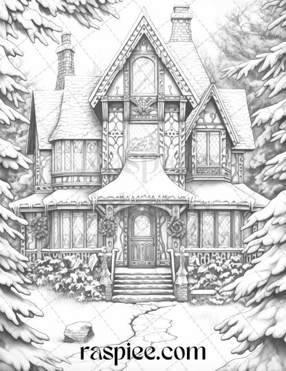 42 Fantasy Christmas Houses Grayscale Coloring Pages Printable for Adults, PDF File Instant Download