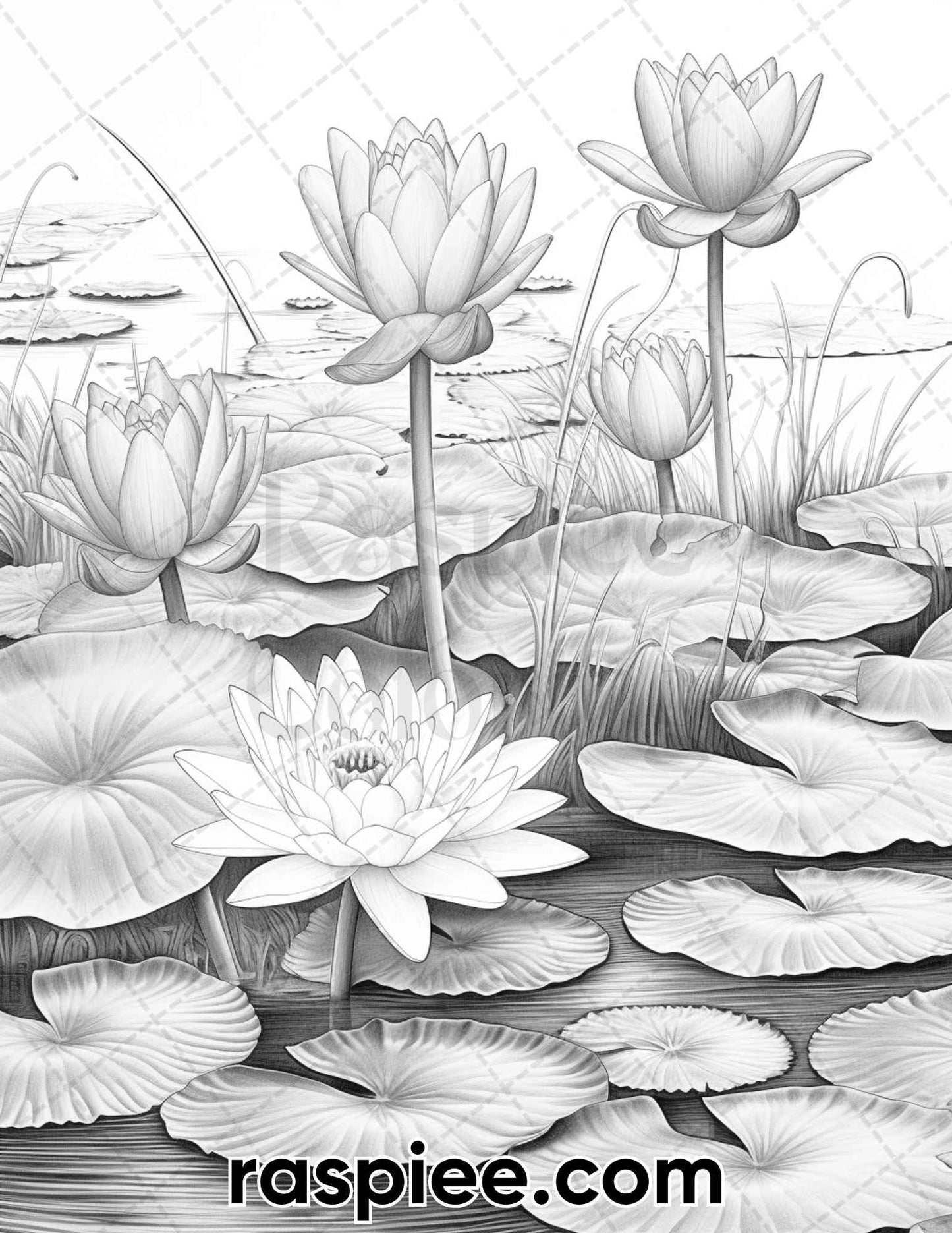 40 Lotus Pond Serenity Grayscale Adult Coloring Pages, Printable PDF Instant Download