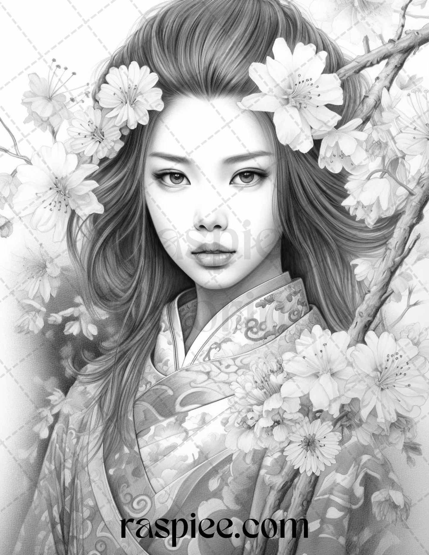 40 Beautiful Japanese Girls Grayscale Coloring Pages Printable for Adults, PDF File Instant Download