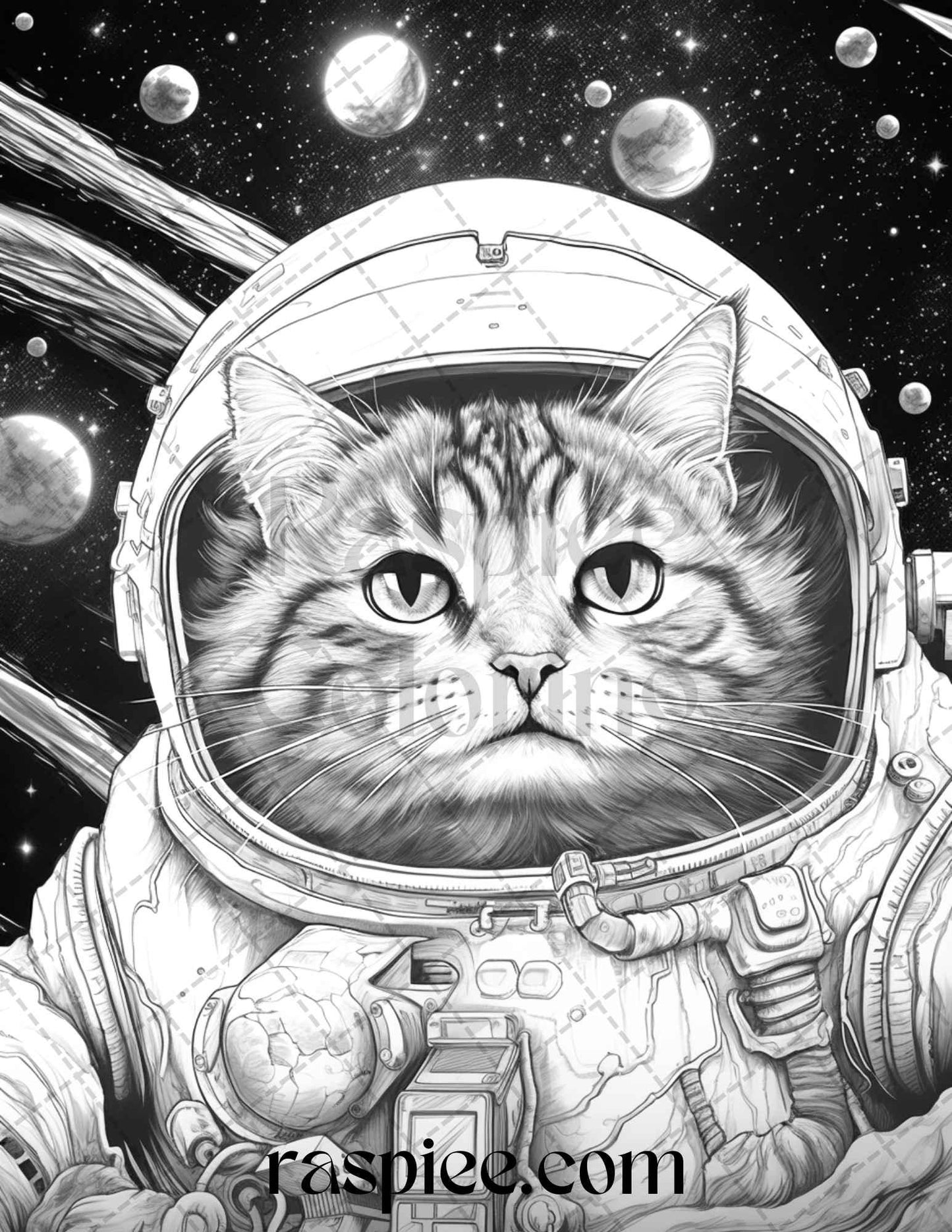 40 Cat Astronaut Grayscale Coloring Pages Printable for Adults Kids, PDF File Instant Download