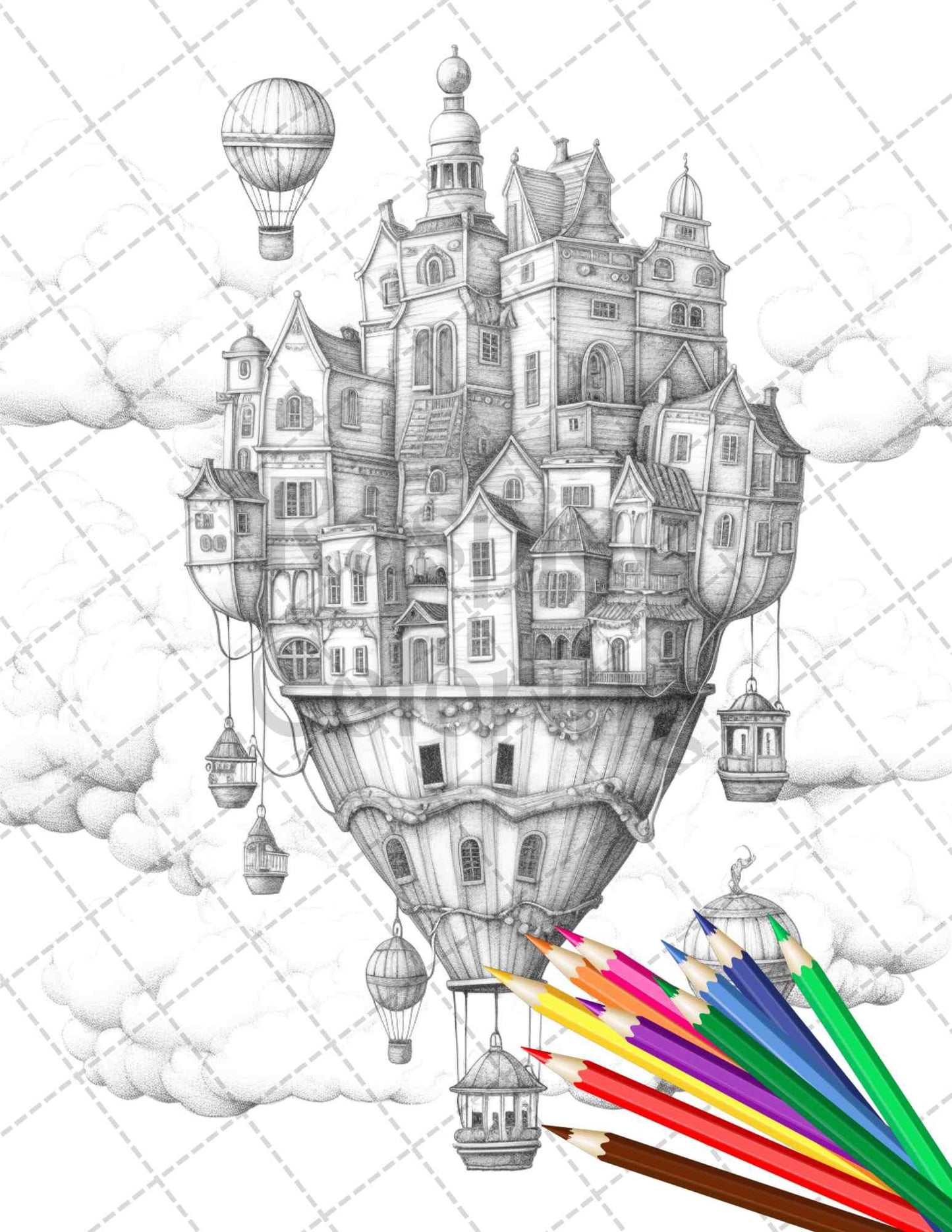 40 Fantasy Sky Houses Grayscale Coloring Pages Printable for Adults, PDF File Instant Download