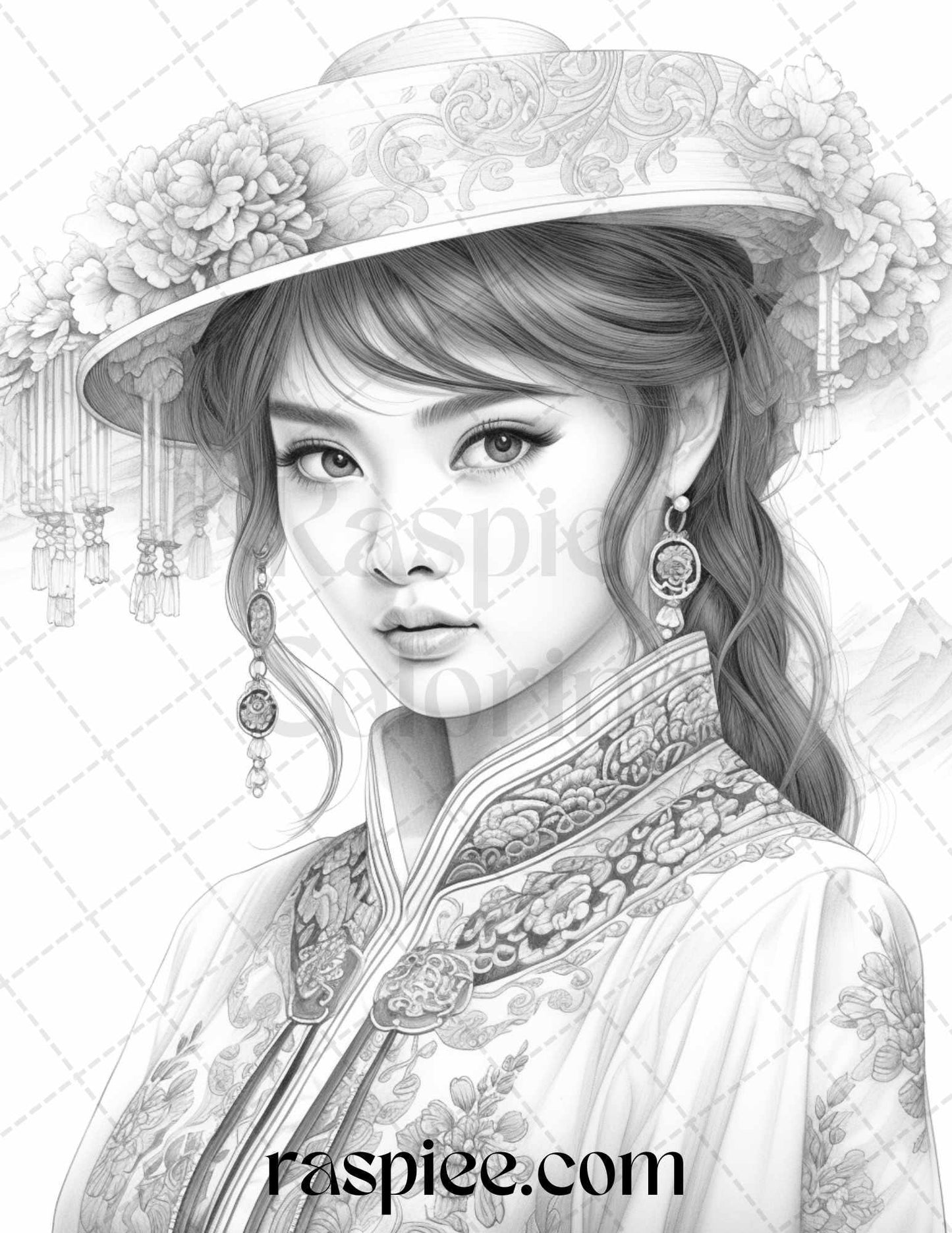 40 Beautiful Chinese Girls Grayscale Coloring Pages for Adults, Printable PDF File Instant Download