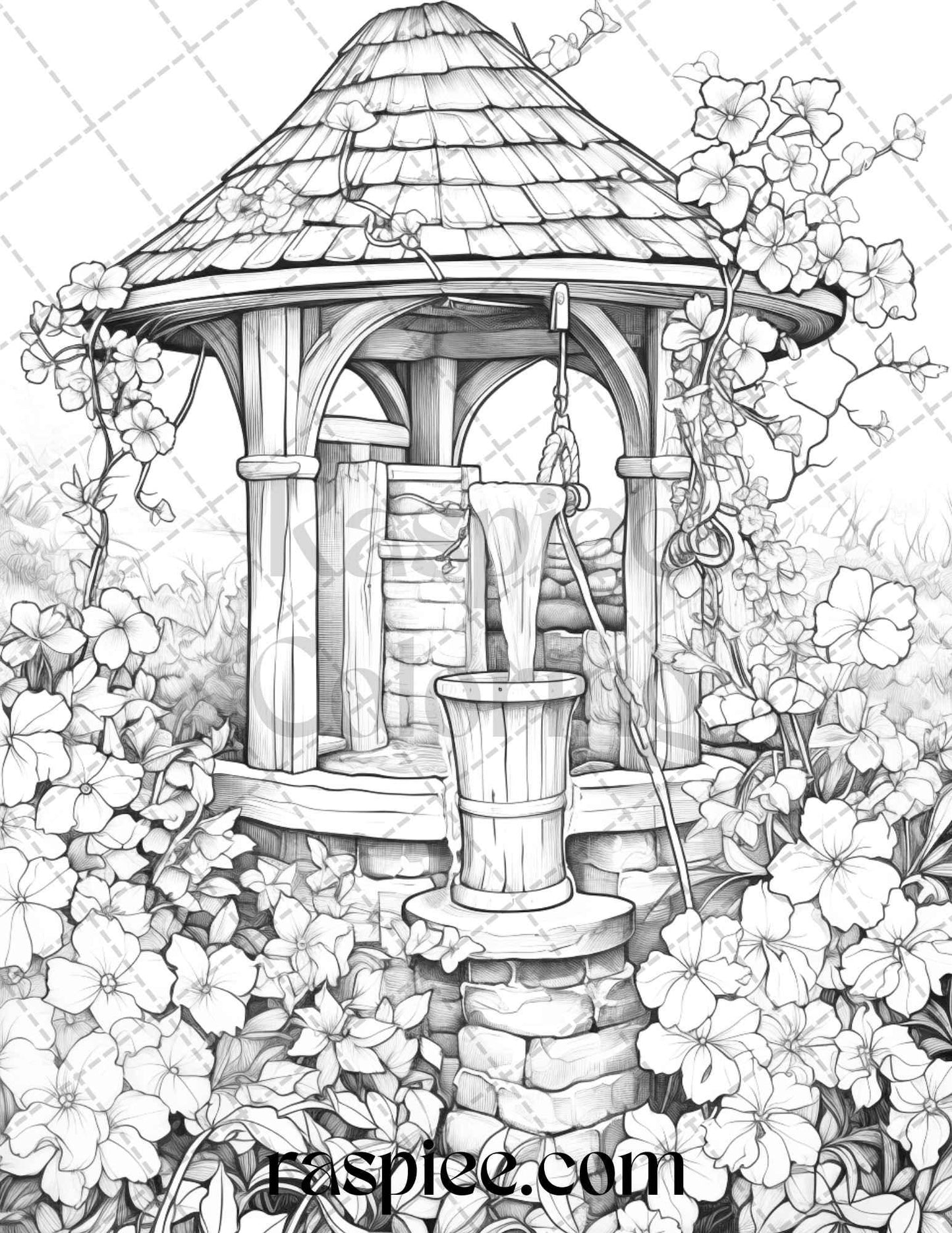 40 Whimsical Wishing Wells Grayscale Coloring Pages Printable for Adults, PDF File Instant Download