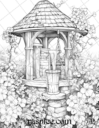 40 Whimsical Wishing Wells Grayscale Coloring Pages Printable for Adults, PDF File Instant Download