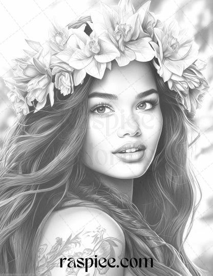 40 Hawaiian Girls Grayscale Coloring Pages Printable for Adults, PDF File Instant Download