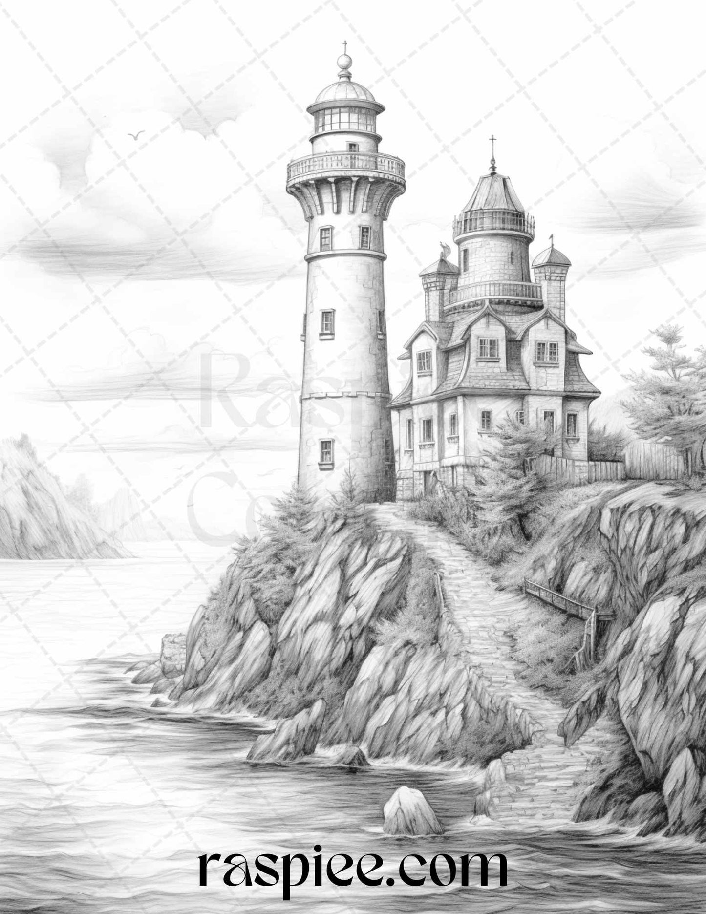 40 Majestic Lighthouses Grayscale Coloring Pages Printable for Adults, PDF File Instant Download